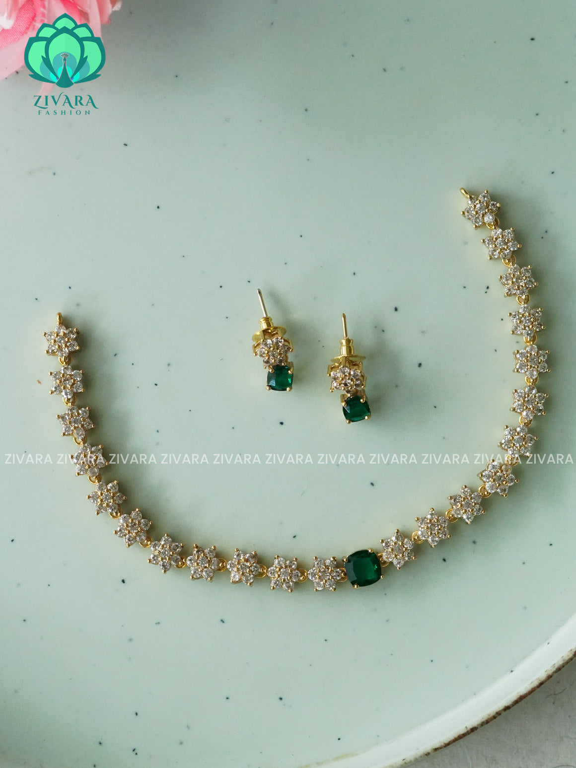 GREEN-  STAR MOTIF FREE  -PREMIUM SUBTLE GOLD FINISH  stylish and minimal elegant neckwear with earrings- Zivara Fashion