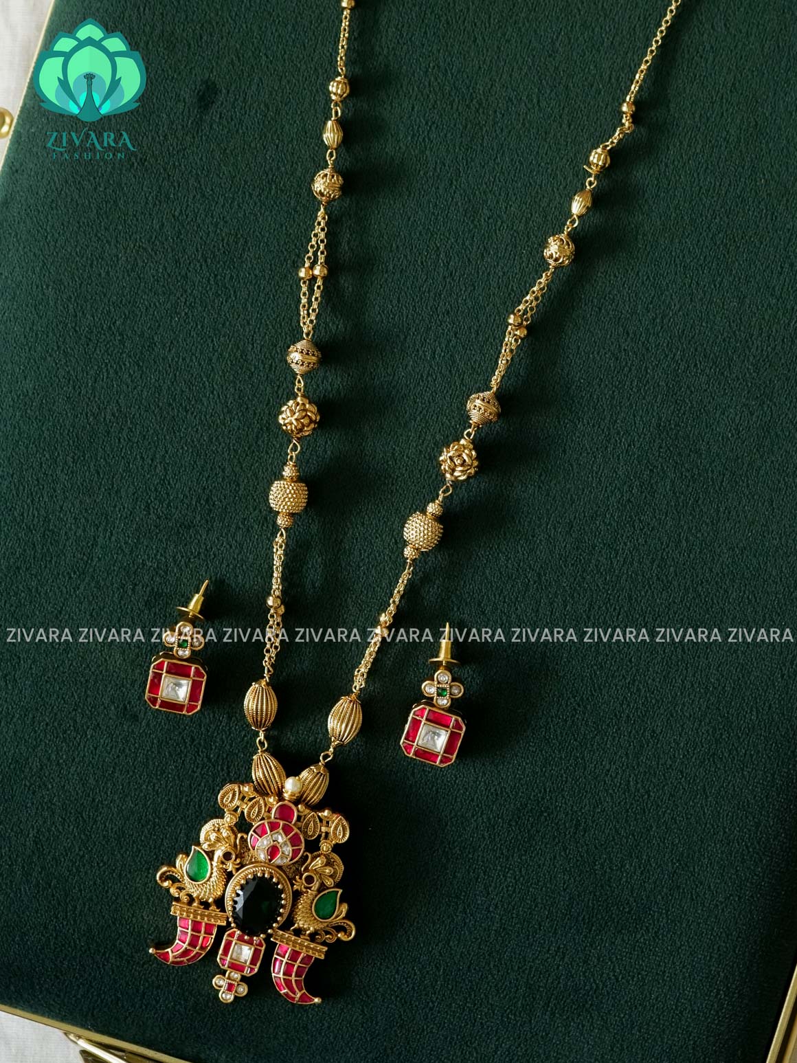 BALL CHAIN WITH PEACOCK JADAVU PENDANT - Traditional MATTE polish MIDCHEST haaram/neckwear with earrings- Zivara Fashion