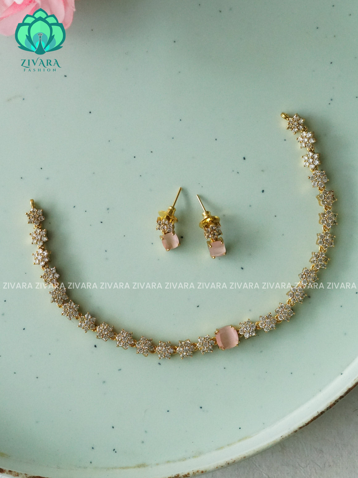 PASTEL PINK - STAR MOTIF FREE  -PREMIUM SUBTLE GOLD FINISH  stylish and minimal elegant neckwear with earrings- Zivara Fashion