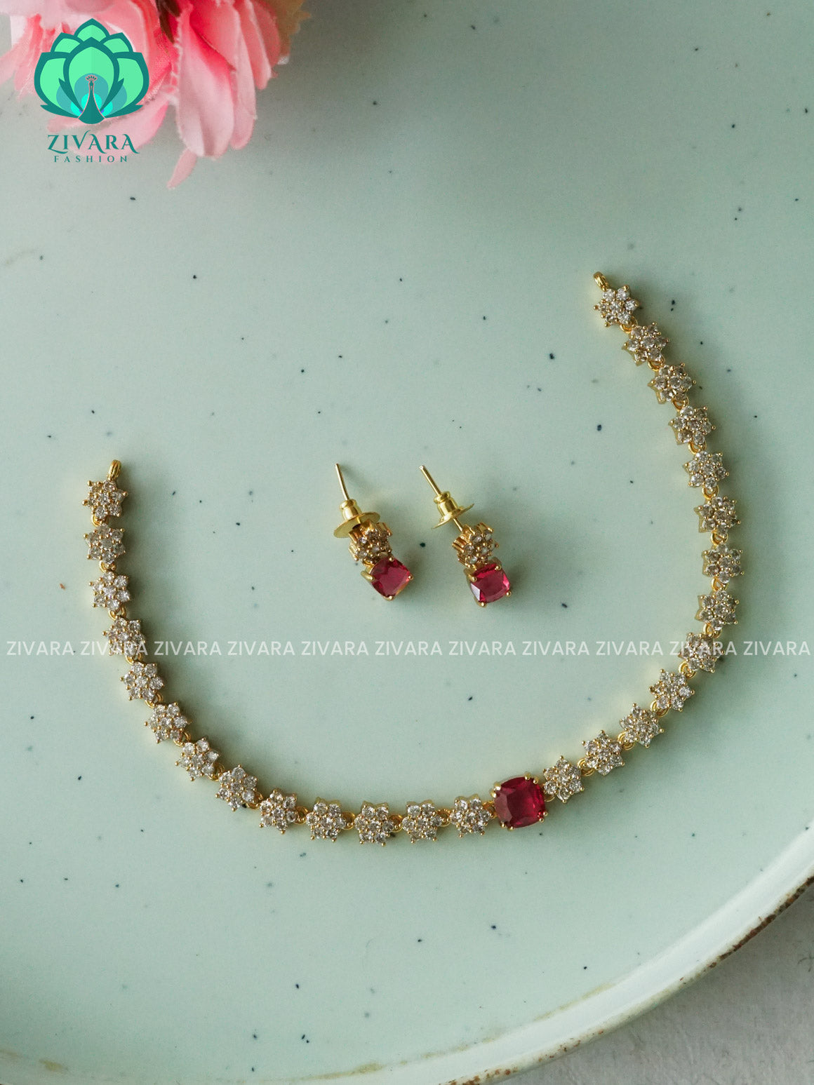 RUBY RED - STAR MOTIF FREE  -PREMIUM SUBTLE GOLD FINISH  stylish and minimal elegant neckwear with earrings- Zivara Fashion