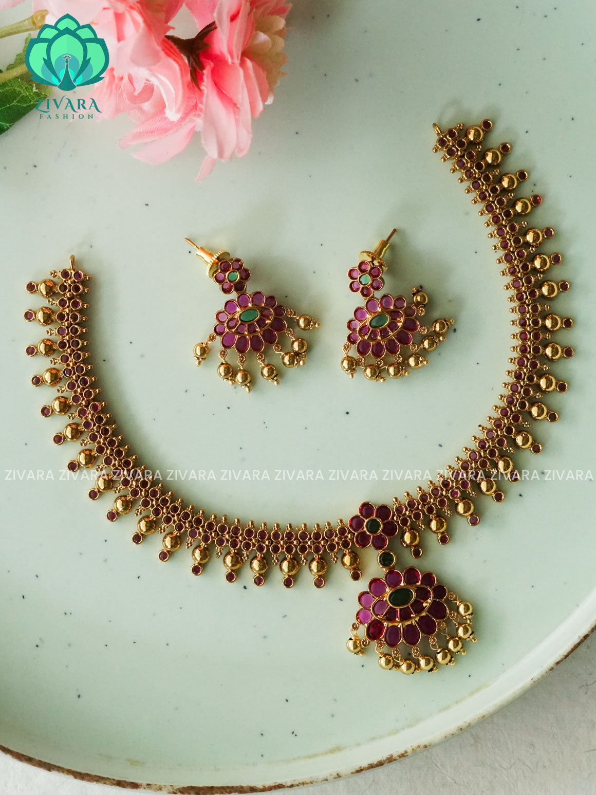 REAL KEMP NECK WEAR WITh EARRINGS   - Premium quality CZ Matte collection-south indian jewellery