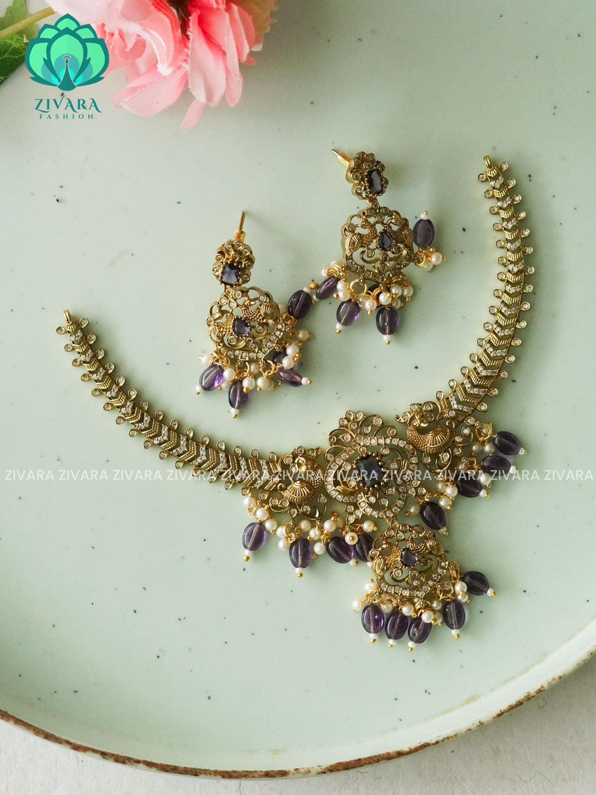 PURPLE  BEADS HASLI -Traditional south indian premium neckwear with earrings- Zivara Fashion- latest jewellery design