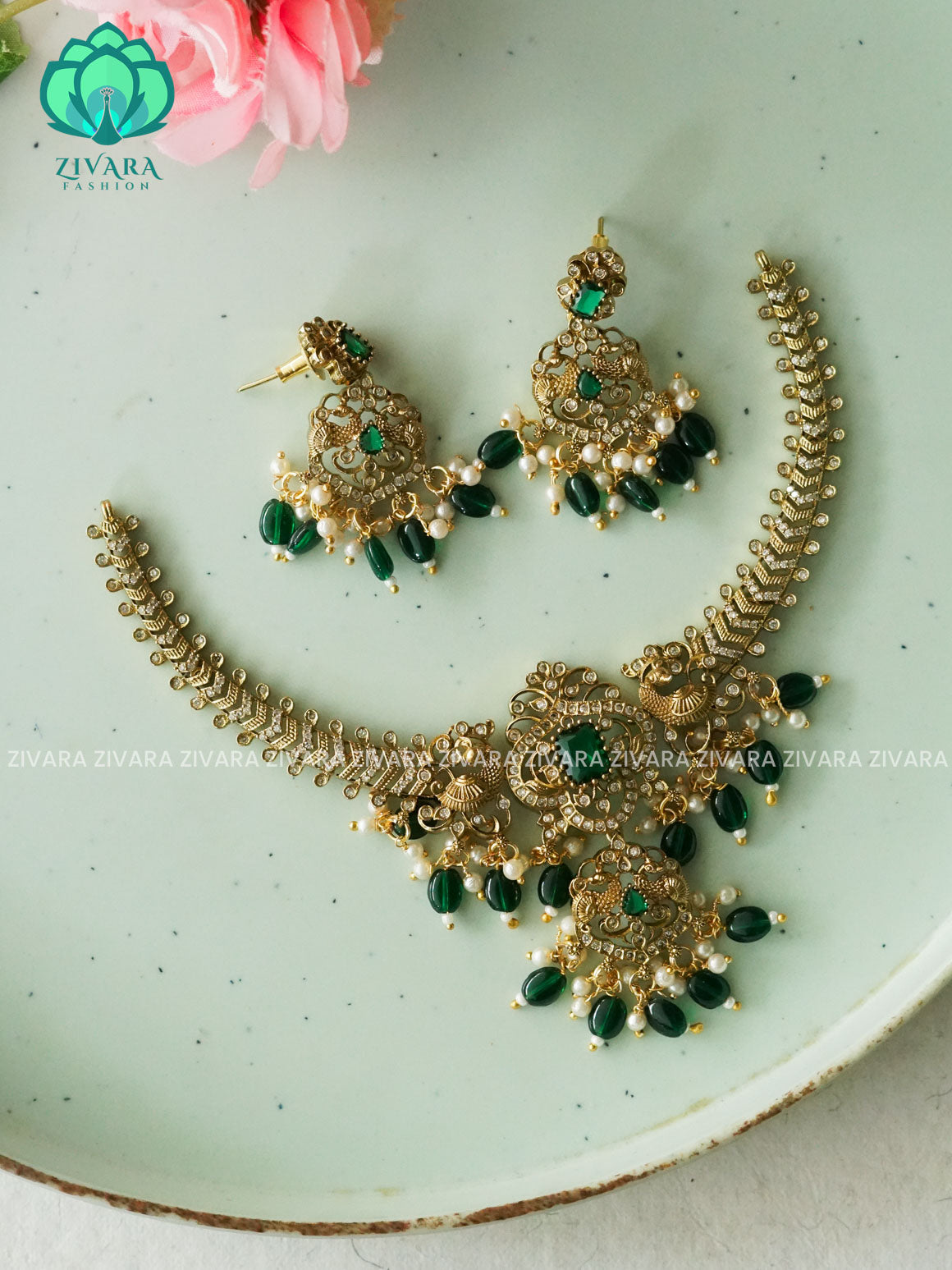 GREEN BEADS HASLI -Traditional south indian premium neckwear with earrings- Zivara Fashion- latest jewellery design