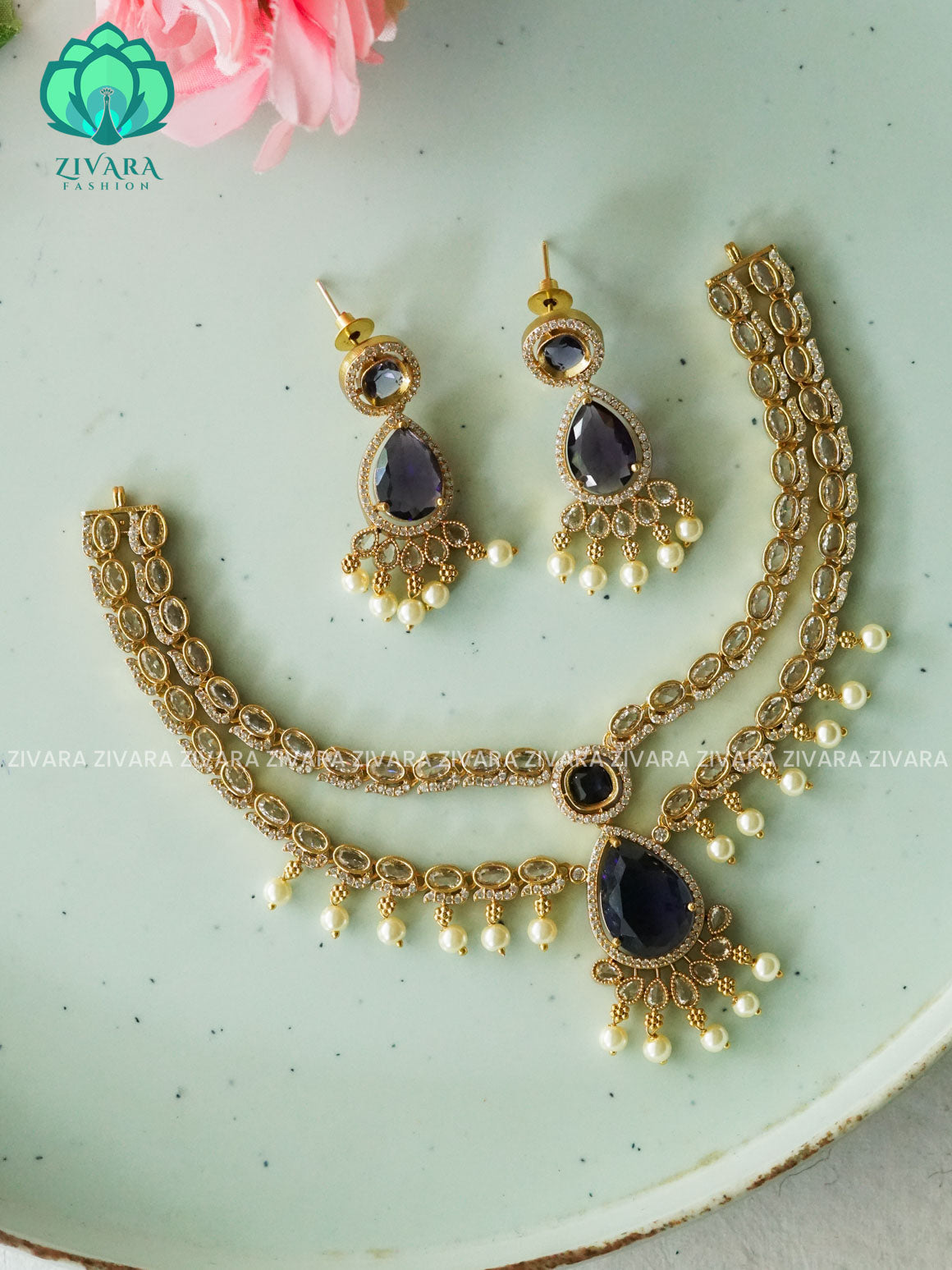 PURPLE- TEAR PENDANT Step /layered - SUBTLE GOLD FINISH stylish and minimal elegant neckwear with earrings- Zivara FashioN