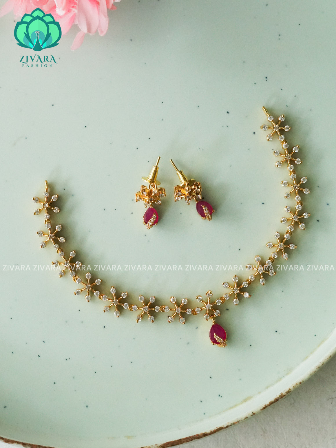 Kanya -RED STONE DIAMOND REPLICA - SUBTLE POLISH stylish and minimal elegant neckwear with earrings- Zivara Fashion