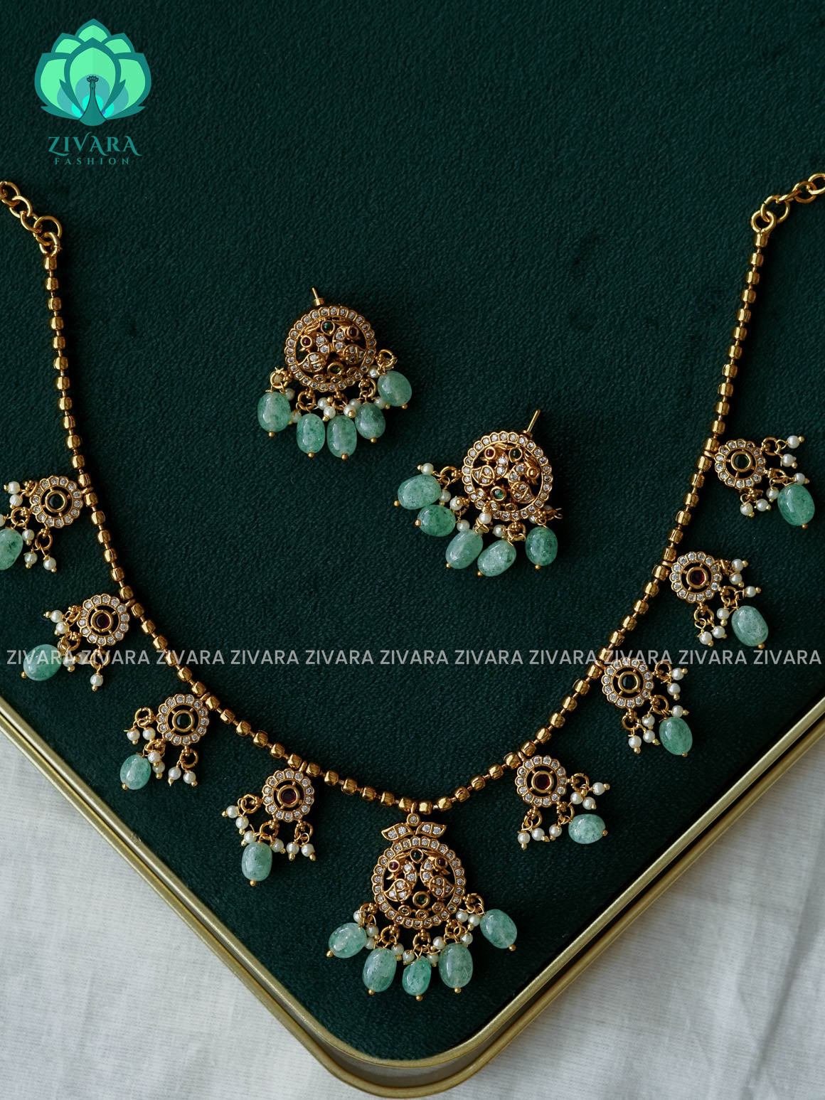 PEACOCK MOTIF WITH PASTEL GREEN BEADS -Traditional south indian premium neckwear with earrings- Zivara Fashion- latest jewellery design