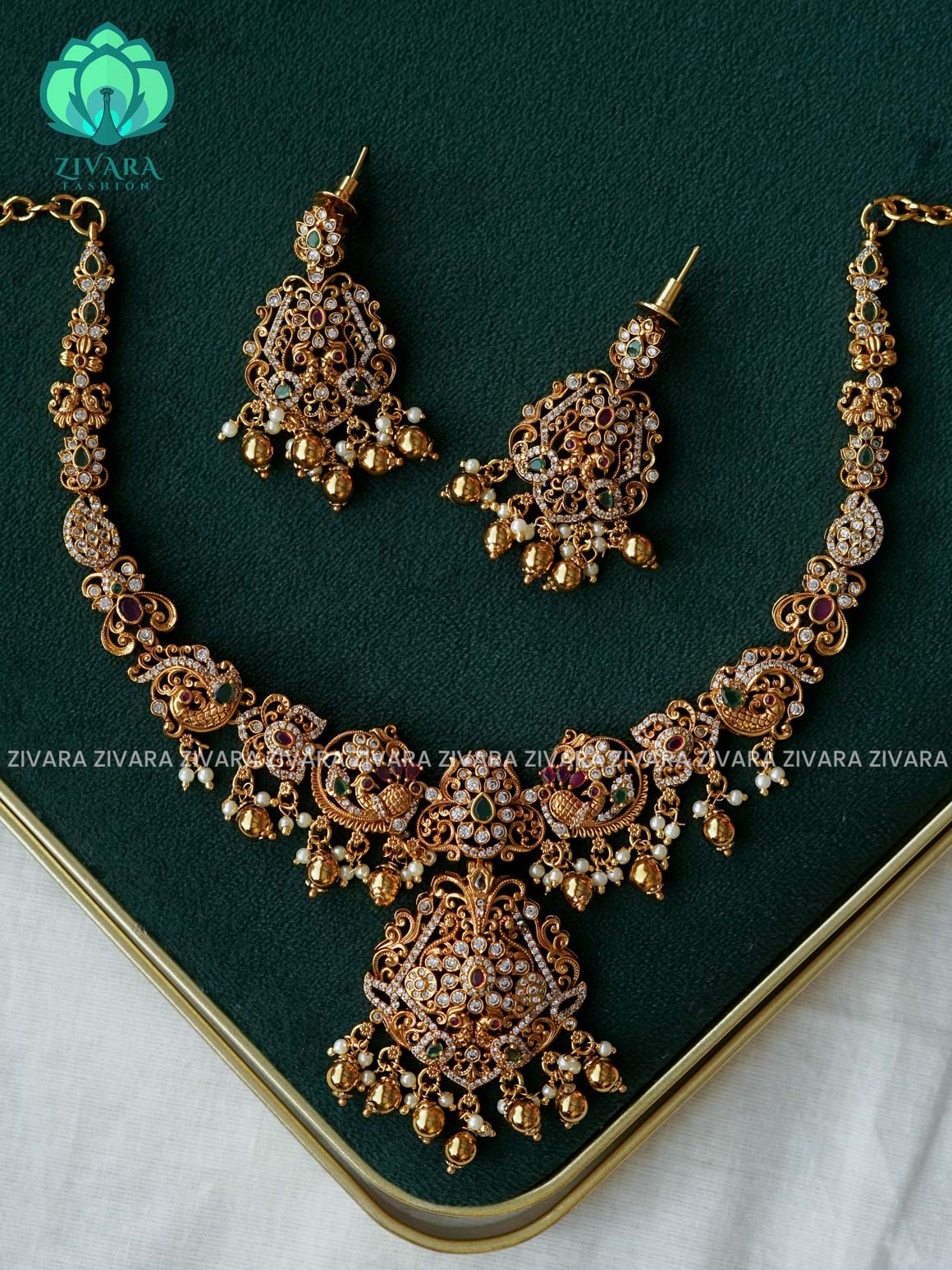 Akshayam-  temple neckwear with GOLD beads hangings  - Traditional south indian premium neckwear with earrings- Zivara Fashion- latest jewellery design