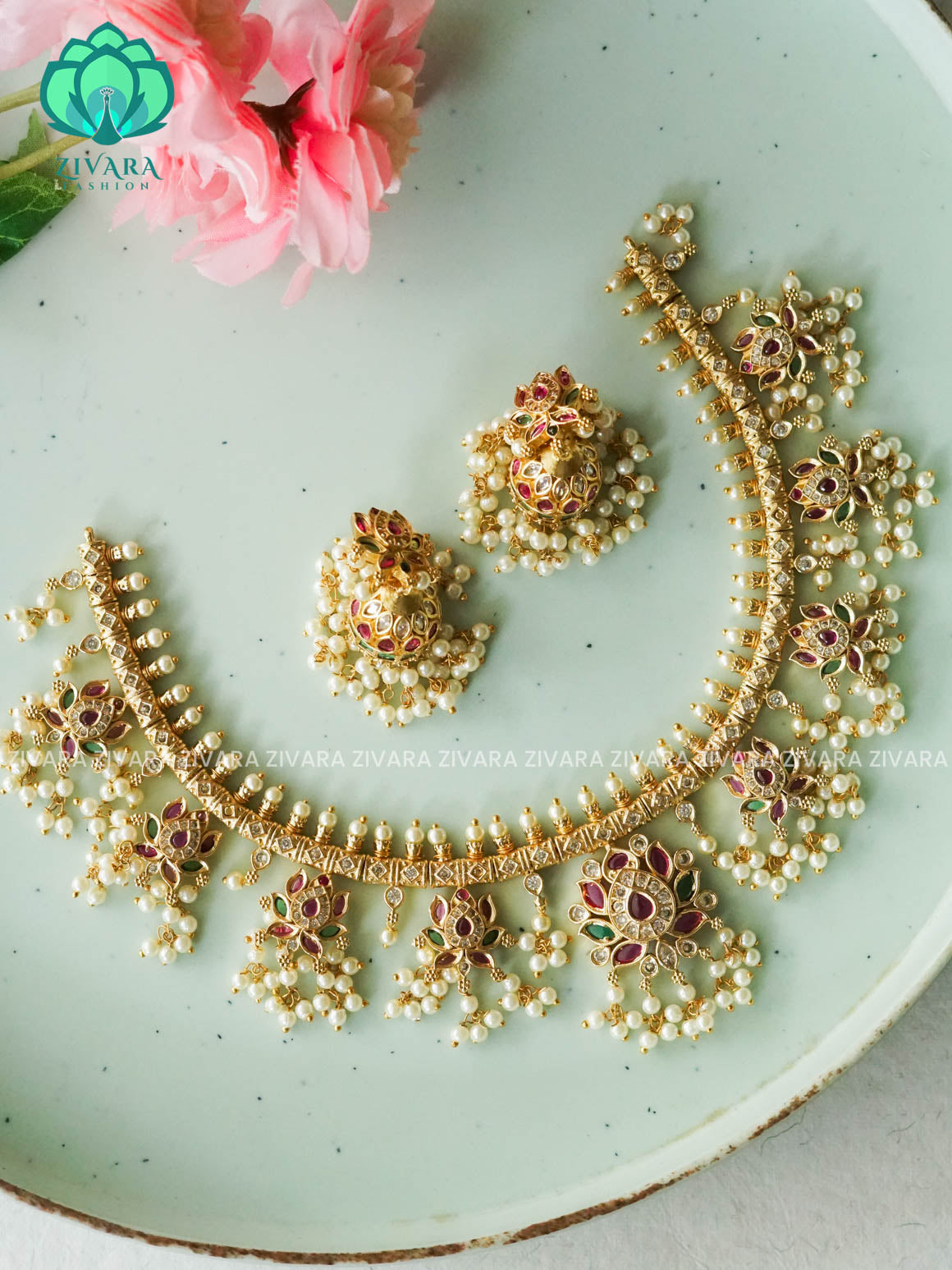 LOTUS GUTTA PUSALU -PREMIUM SUBTLE GOLD FINISH  stylish and minimal elegant neckwear with earrings- Zivara Fashion