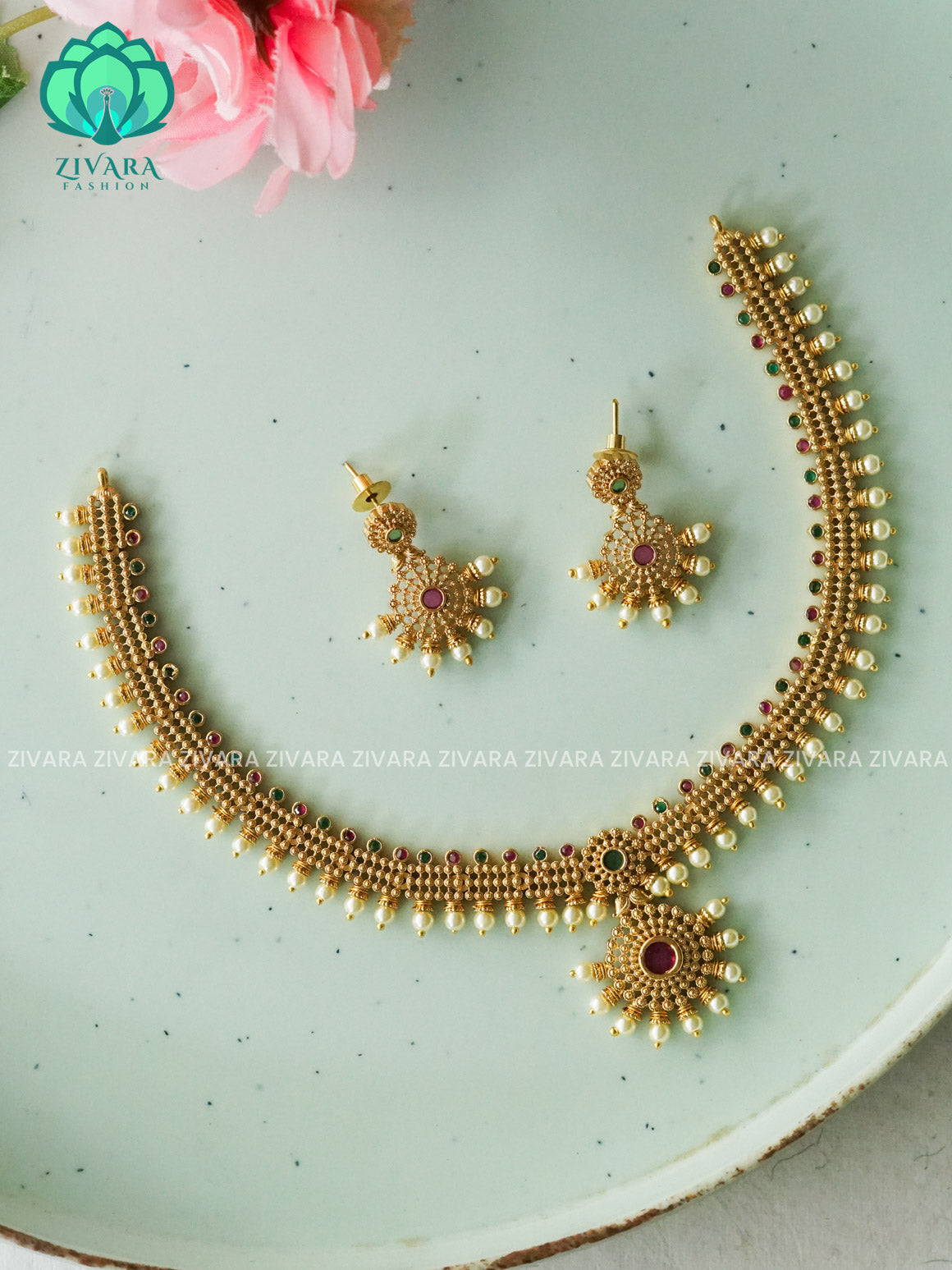Motif free  NECK WEAR WITh EARRINGS   - Premium quality CZ Matte collection-south indian jewellery