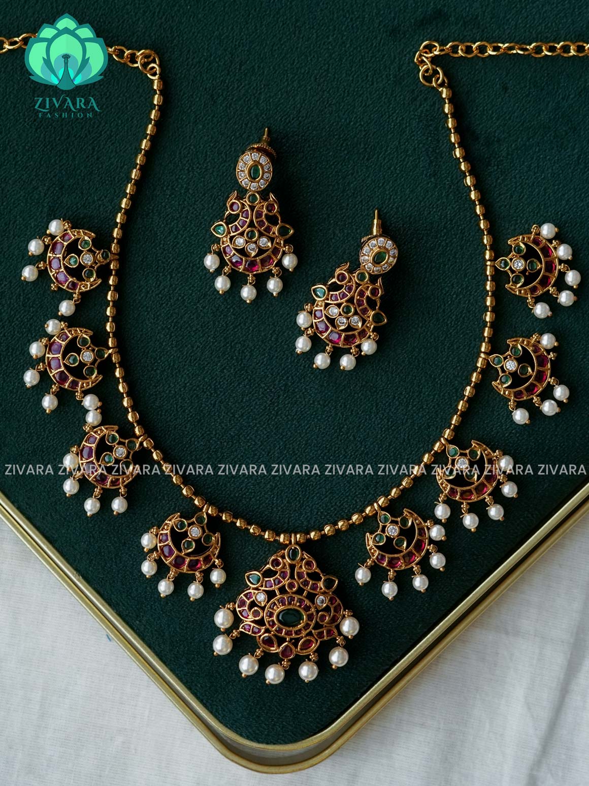 PEACOCK MOTIF WITH WHITE BEADS -Traditional south indian premium neckwear with earrings- Zivara Fashion- latest jewellery design