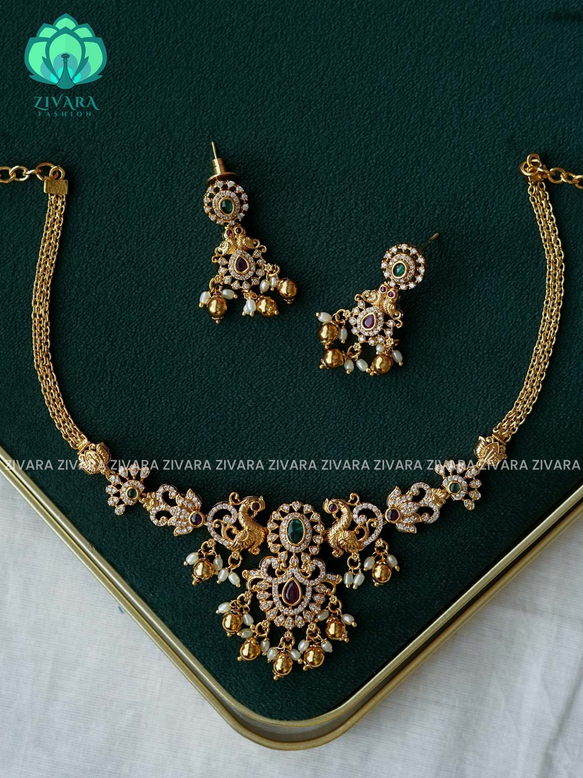 RUBY GREEN  FLEXIBLE CHAIN WITH PEACOCKE  MOTIF -Traditional south indian premium neckwear with earrings- Zivara Fashion- latest jewellery design