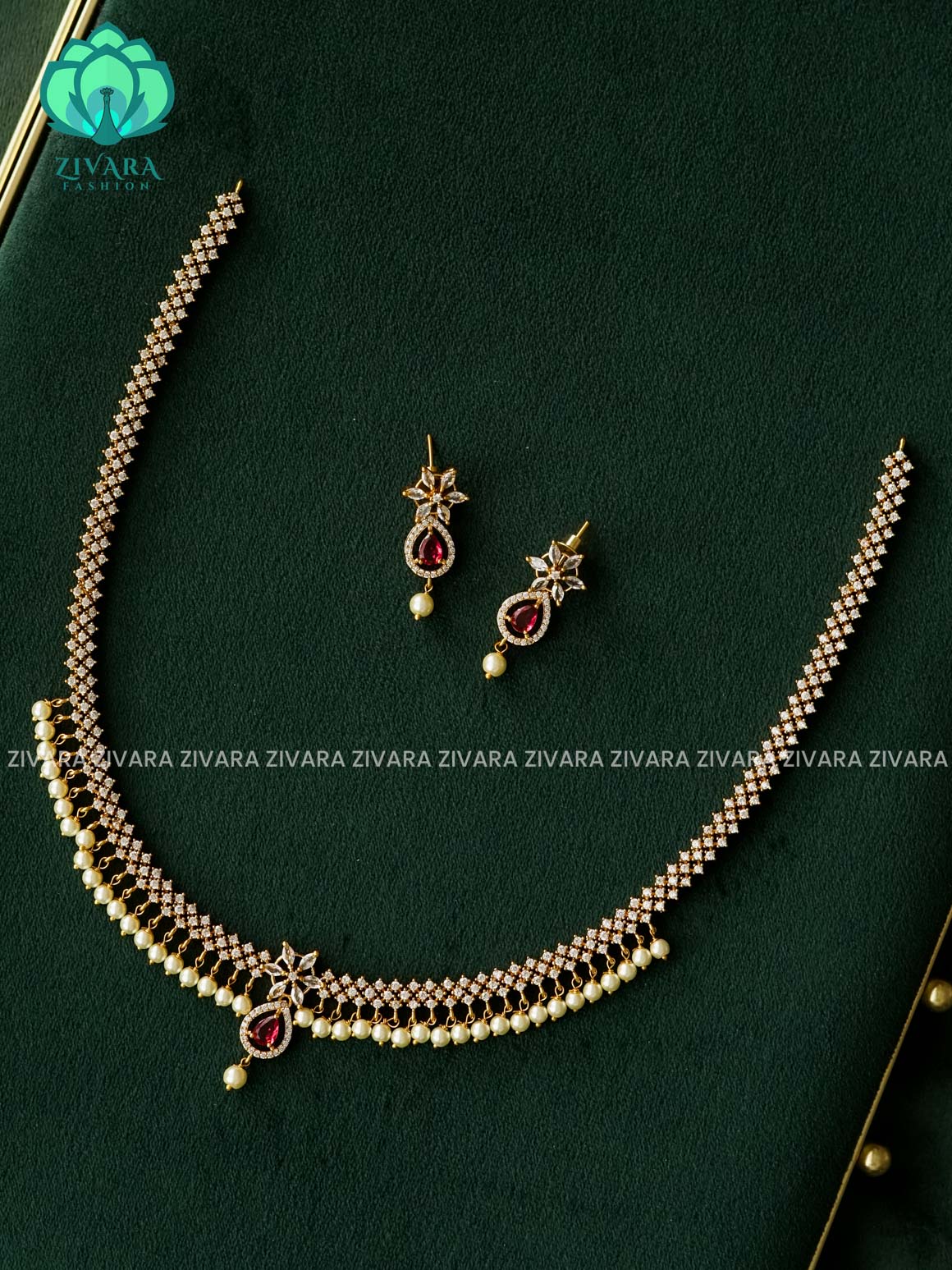 RUBY WHITE TEAR BEADS  ELEGANT - Traditional PREMIUM MIDCHEST haaram with earrings- Zivara Fashion