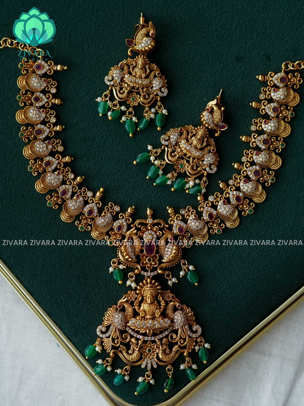 AKSHAYAM - TEMPLE BRIDAL  neckwear with green beads hangings with earrings- Zivara Fashion