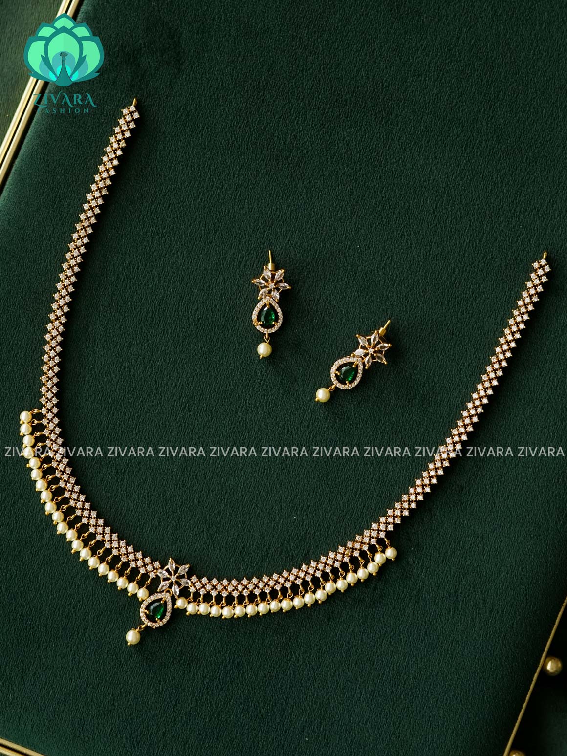 GREEN WHITE TEAR BEADS  ELEGANT - Traditional PREMIUM MIDCHEST haaram with earrings- Zivara Fashion