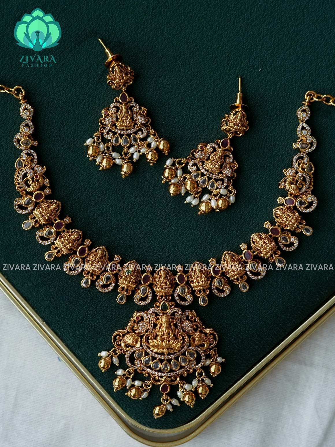 AKSHAYAM - BRIDAL REAL KEMP PEACOCK NECKWEAR WITH GREEN BEADS HANGINGS  - Traditional south indian premium neckwear with earrings- Zivara Fashion- latest jewellery design