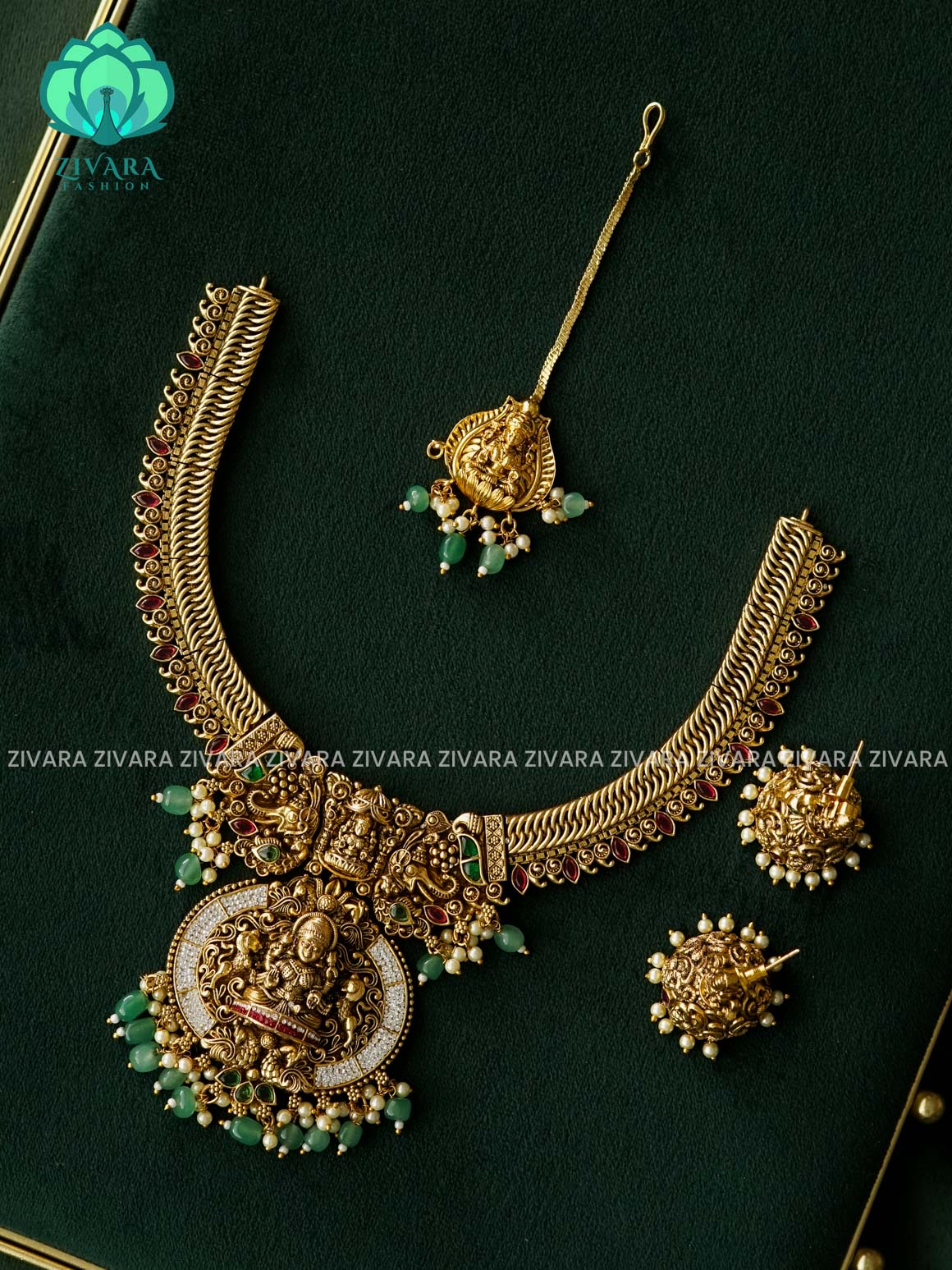 AKSHAYAM - TEMPLE NECKWEAR WITH HANGINGS - bridal temple neckwear -Traditional south indian premium neckwear with earrings- Zivara Fashion- latest jewellery design