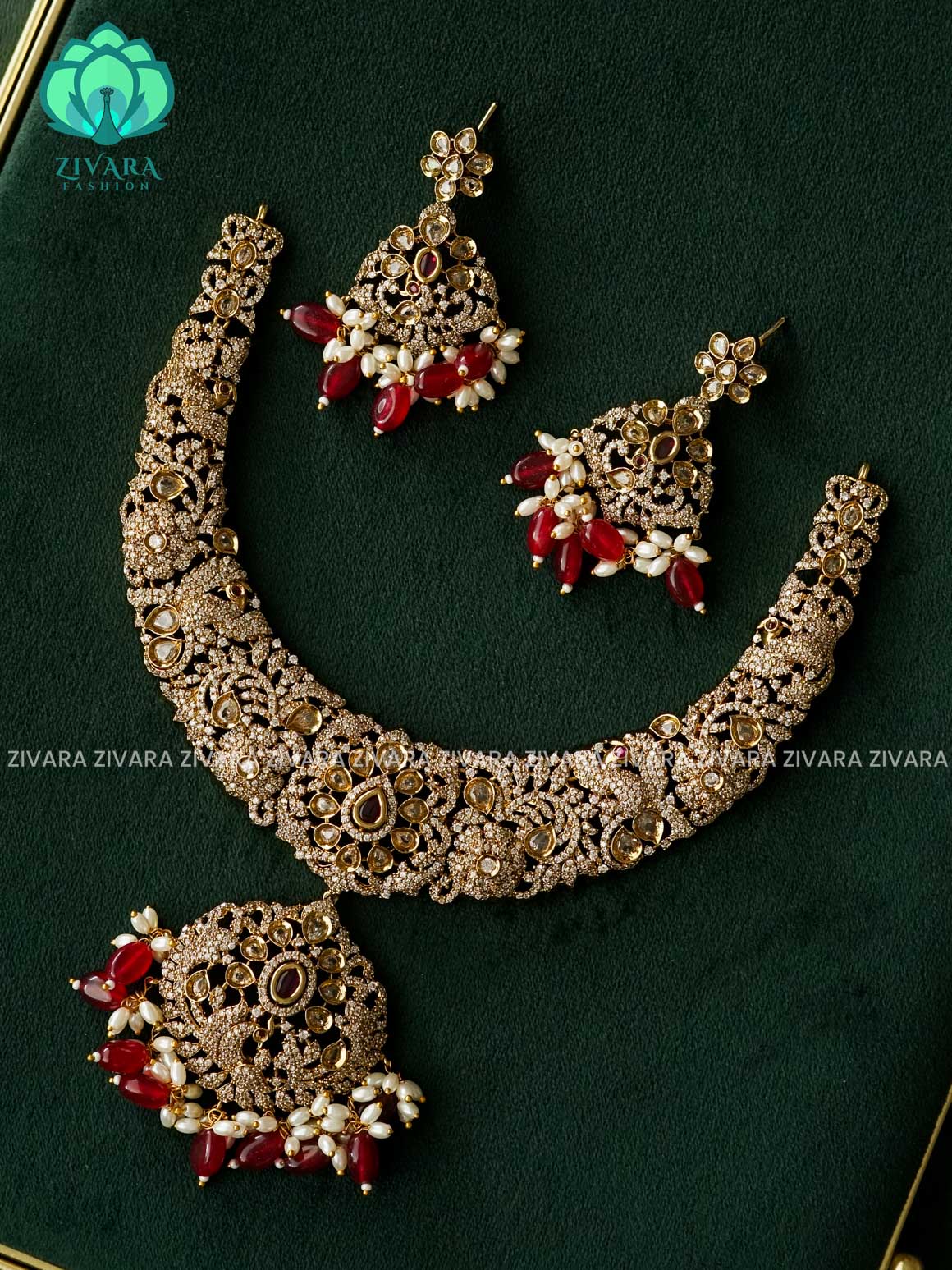 RED BEADS - Peacock - Ultra premium victoria dark polish trending neckwear collection- bridal collection- Zivara Fashion