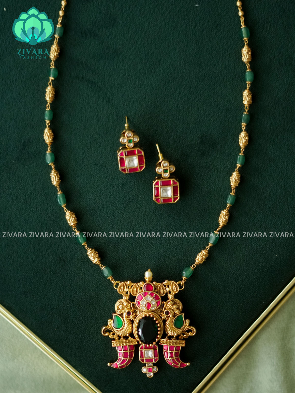 JADAU STONE TIGER TOOTH PENDANT -Traditional south indian premium neckwear with earrings- Zivara Fashion- latest jewellery design