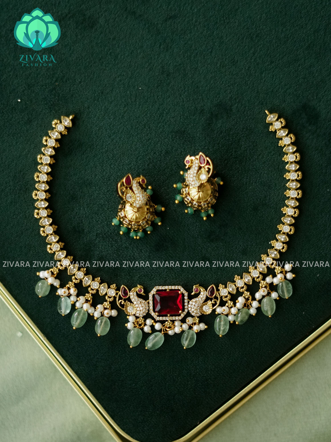 RUBY SQUARE PEACOCK WITH GREEN BEADS HANGING - Bridal real kemp stone moon -Traditional south indian premium neckwear with earrings- Zivara Fashion- latest jewellery design