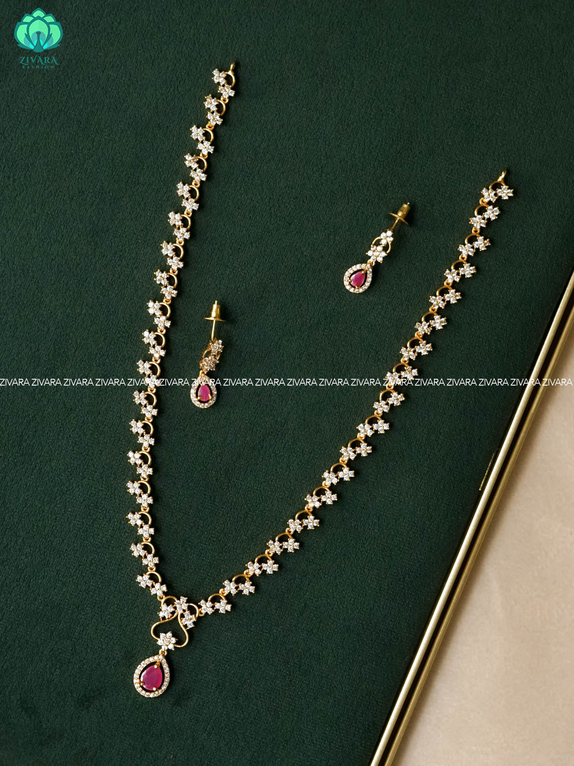 PINK STONE FLORAL TEAR  ELEGANT - Traditional PREMIUM MIDCHEST haaram with earrings- Zivara Fashion