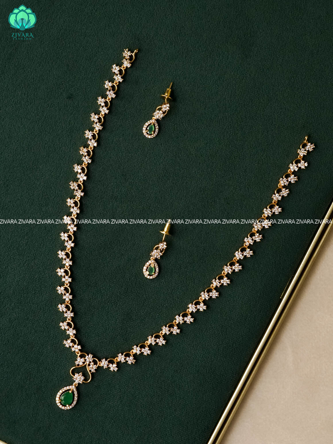 GREEN STONE FLORAL TEAR  ELEGANT - Traditional PREMIUM MIDCHEST haaram with earrings- Zivara Fashion