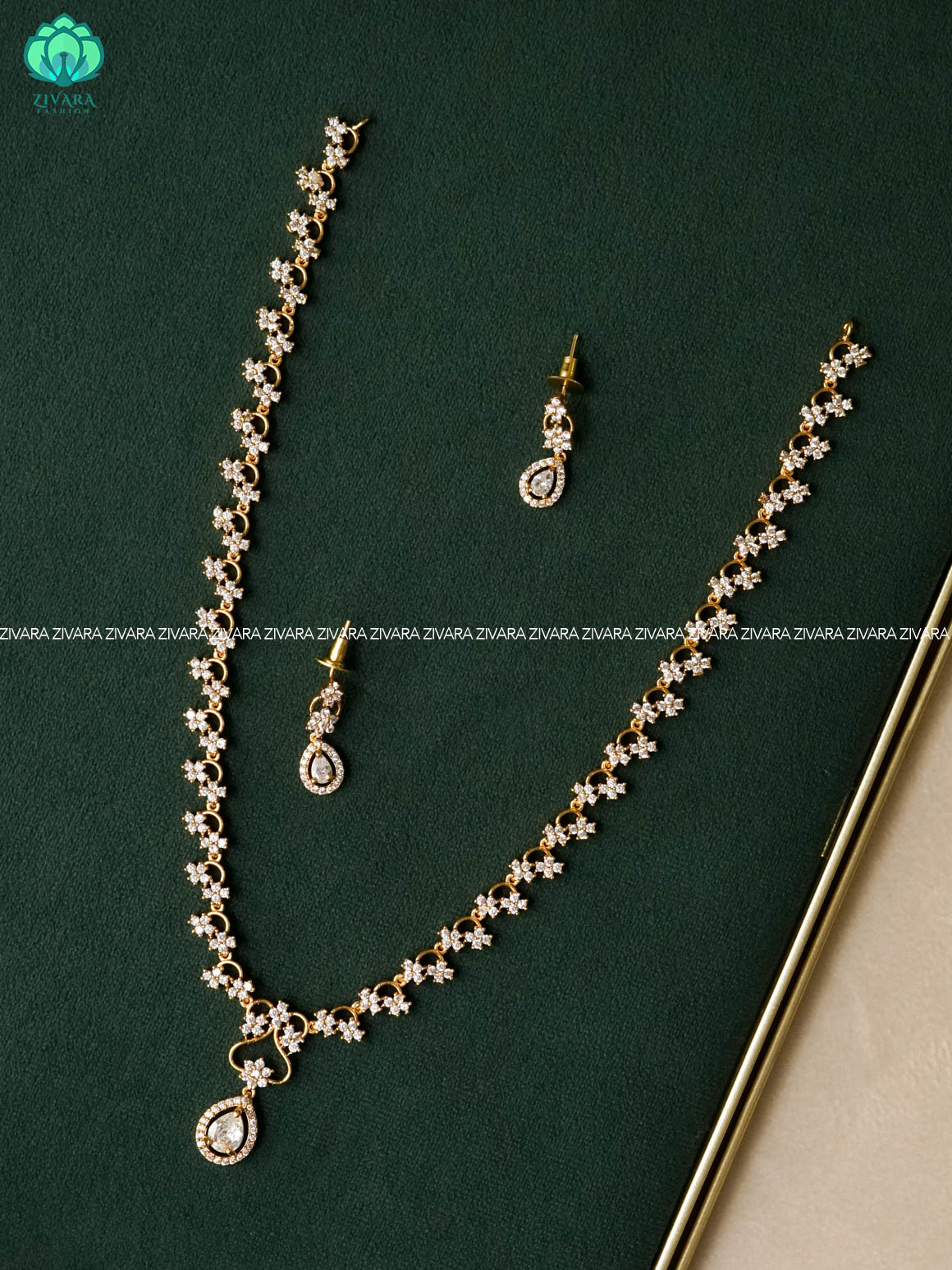 WHITE STONE FLORAL TEAR  ELEGANT - Traditional PREMIUM MIDCHEST haaram with earrings- Zivara Fashion