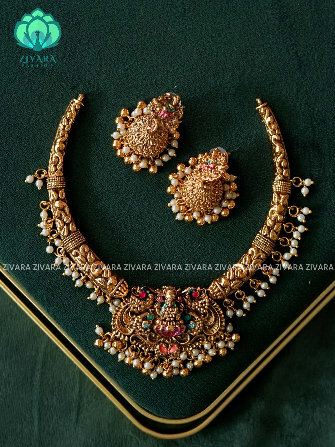 MADHURYA -  GAJALAKSHMI HASLI VINTAGE FINISH  handpainted - Traditional south indian normal neckwear with earrings- Zivara Fashion- latest jewellery design