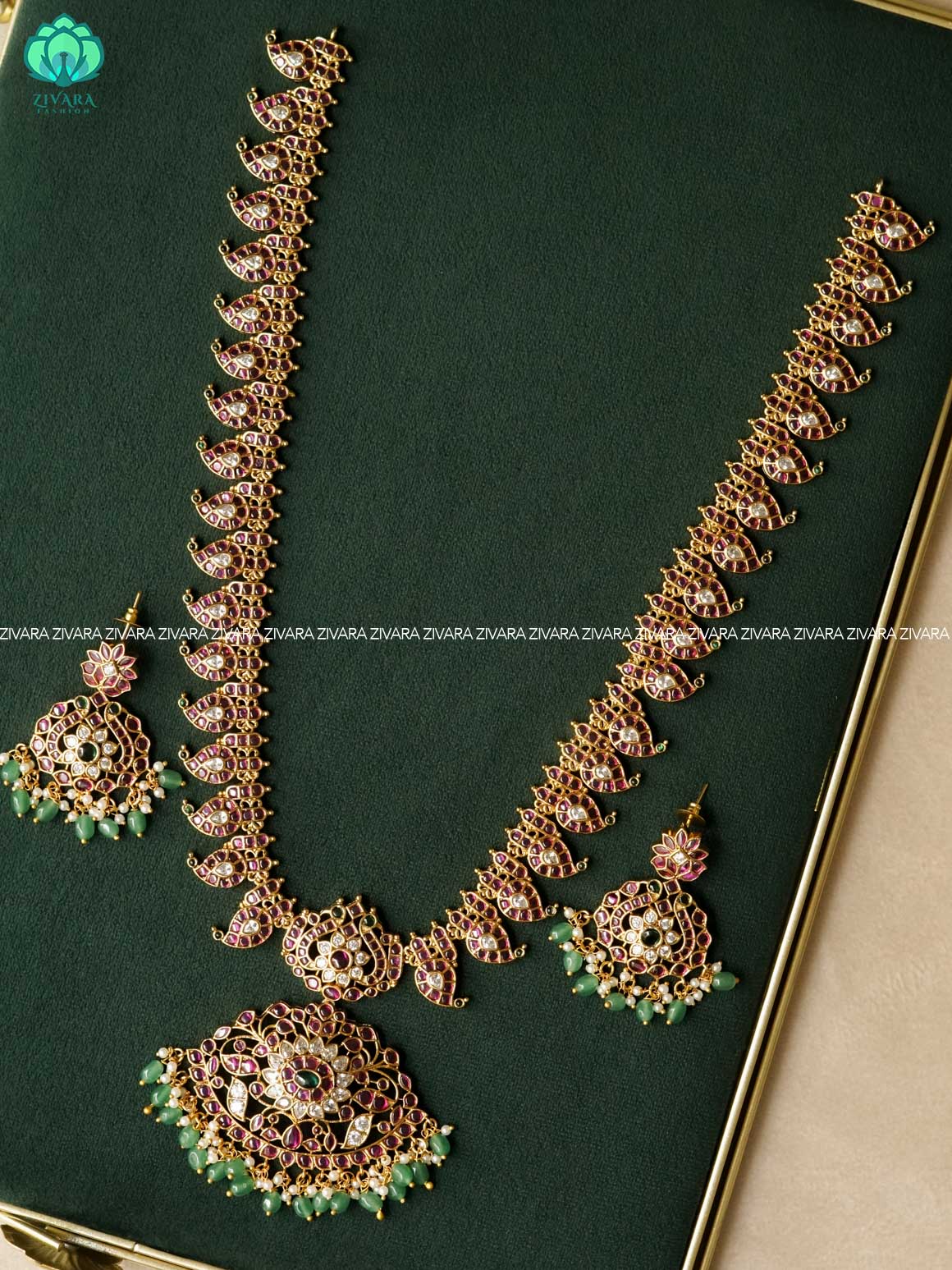 REAL KEMP mango HAARAM WITH GREEN BEADS HANGINGS  - Traditional PREMIUM MATTE polish MIDCHEST haaram/neckwear with earrings- Zivara Fashion