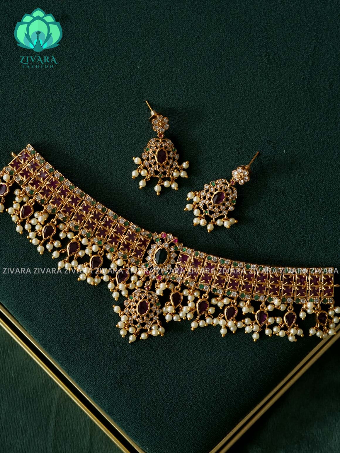 Real kemp  bridal guttapusalu choker- CZ matte finish- Zivara Fashion