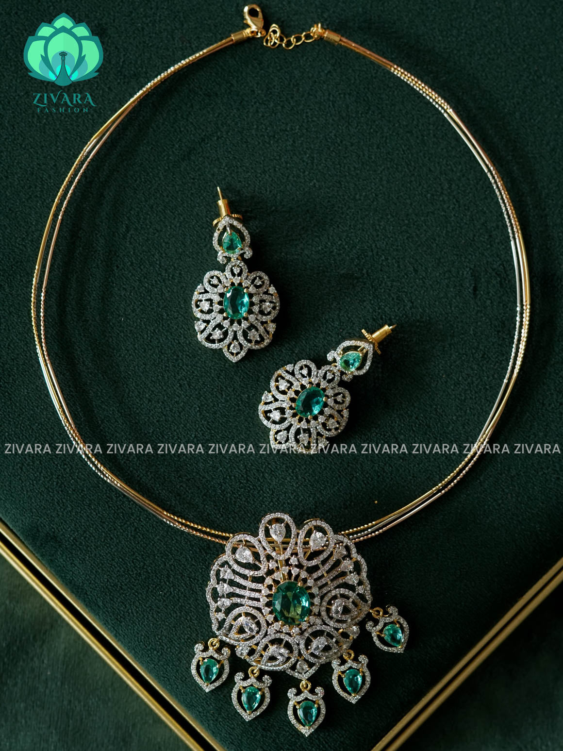 FLORAL PENDANT-PASTEL GREEN OVAL STONE WITH PREMIUM HASLI  - Traditional PREMIUM rhodium polish neckwear With earrings- Zivara Fashion