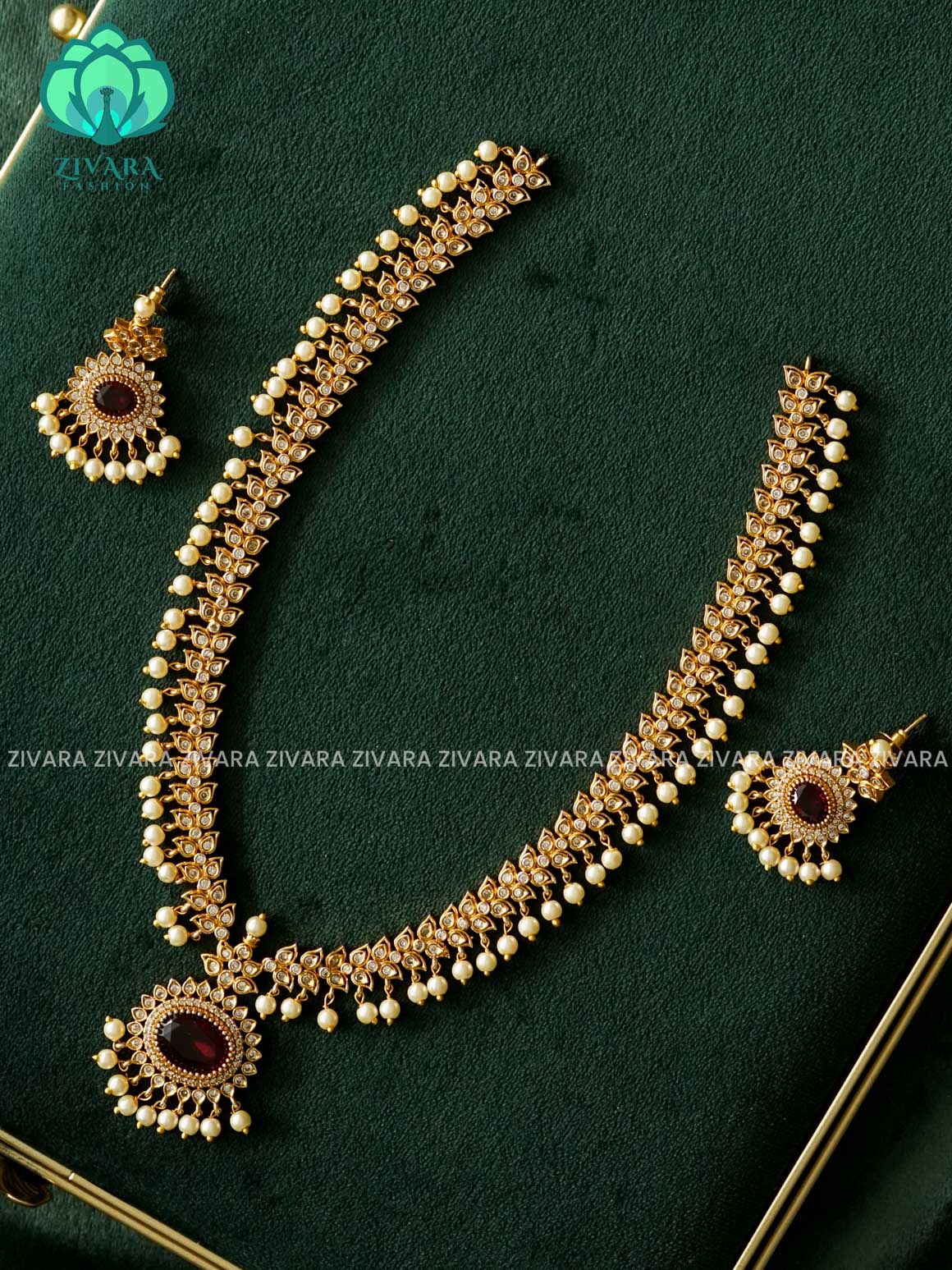 Ruby oval pendant  - Traditional PREMIUM MATTE polish MIDCHEST haaram/neckwear- Zivara Fashion