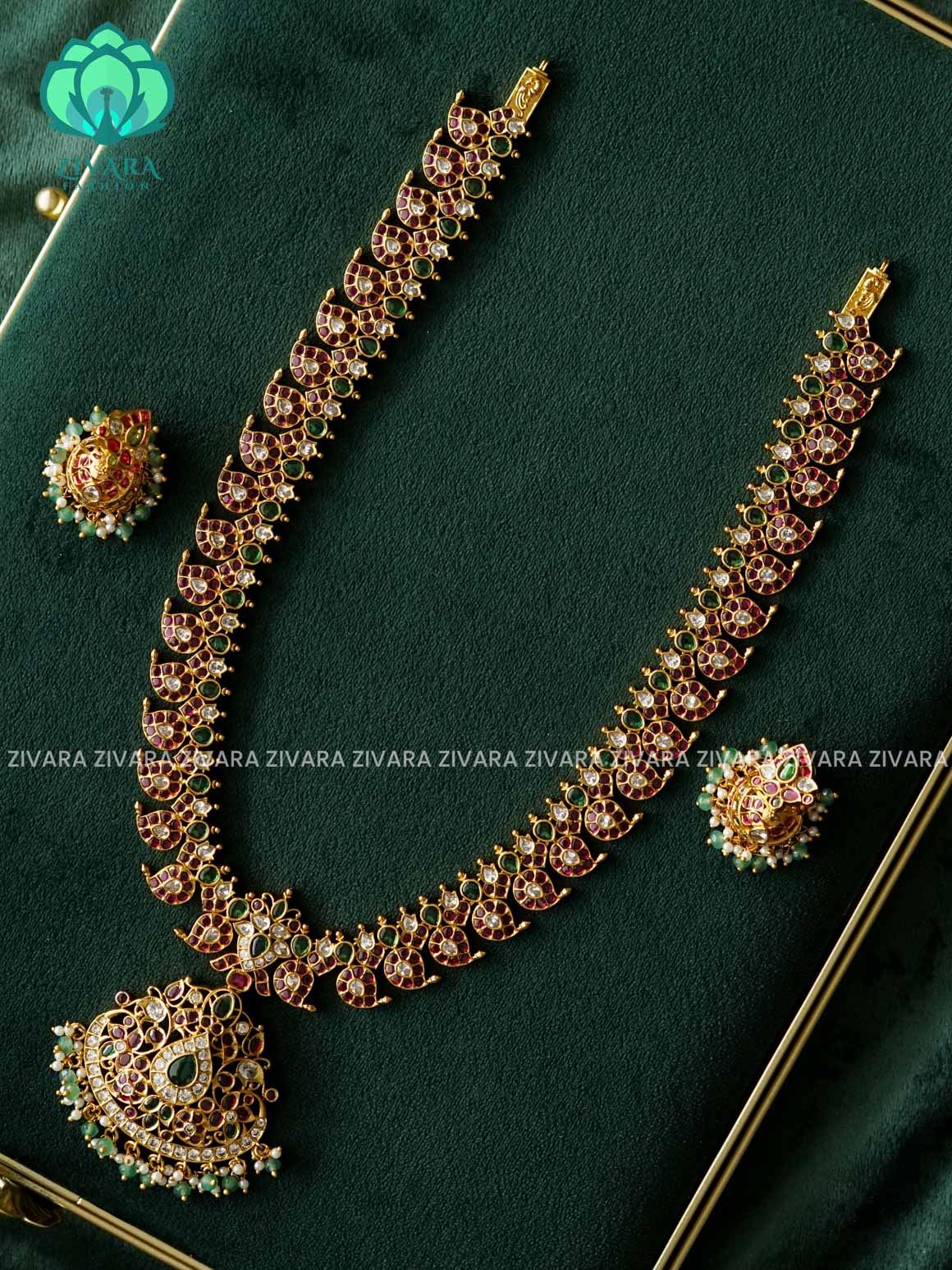 REAL KEMP mango HAARAM WITH GREEN BEADS HANGINGS  - Traditional PREMIUM MATTE polish MIDCHEST haaram/neckwear with earrings- Zivara Fashion