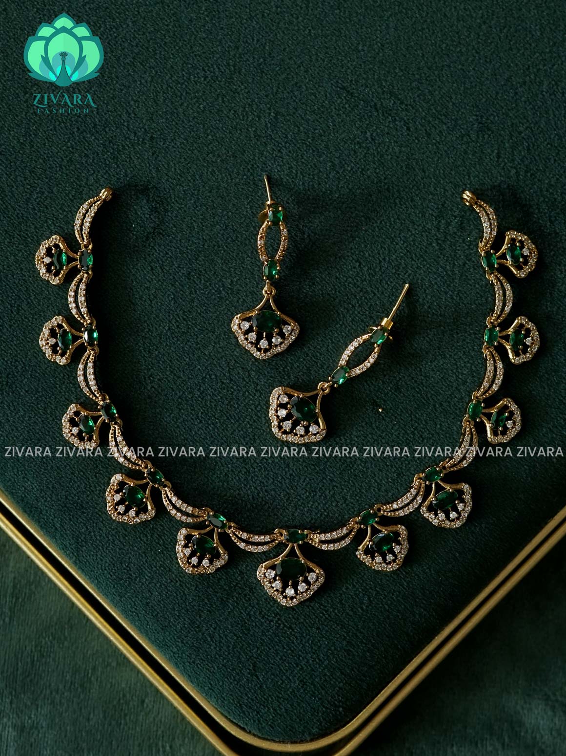 SMALL SIZE GREEN FAN FLORAL - Ultra premium victoria finish dark polish trending neckwear collection- bridal collection- Zivara Fashion