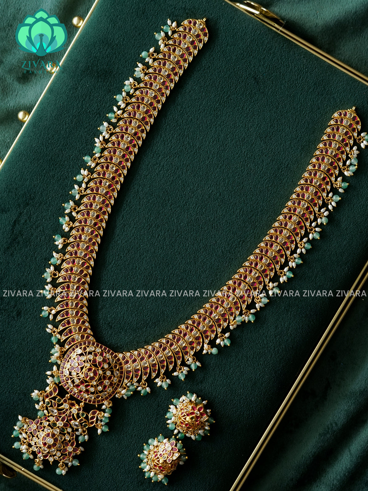 PEACOCK MANGA REAL KEMP BRIDAL HAARAM  WITH GREEN BEADS HANGINGS - Traditional premium long haaram/neckwear with earrings- Zivara Fashion
