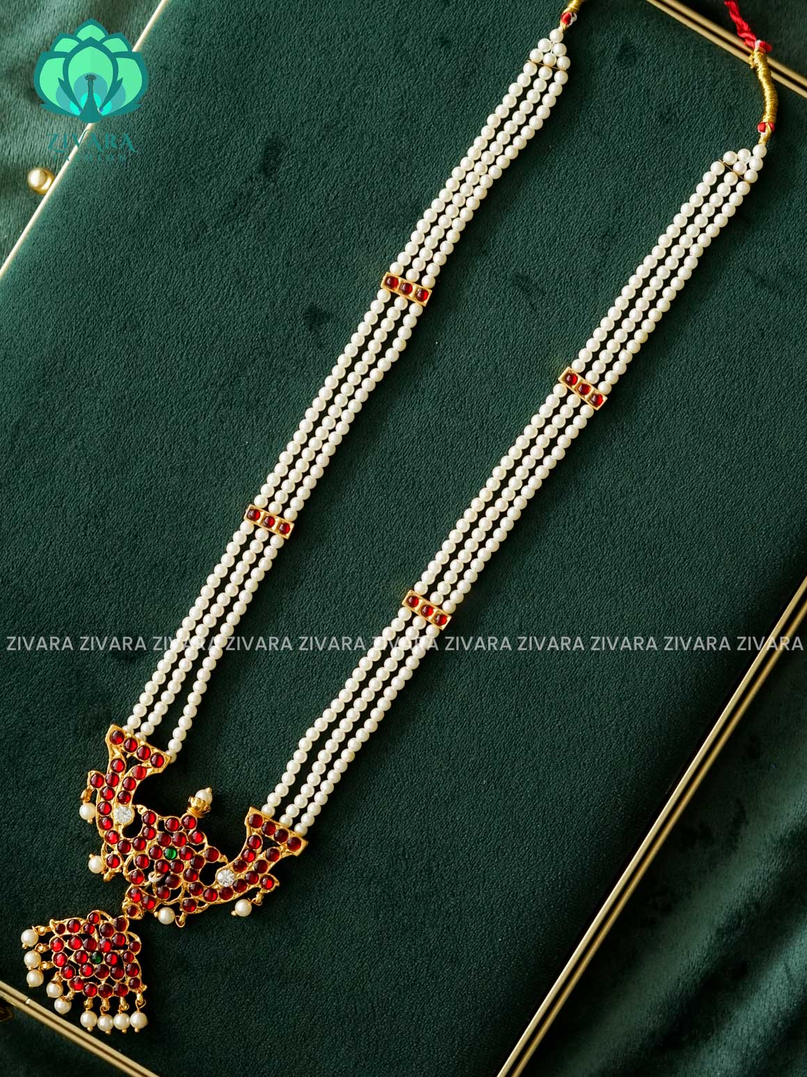 RED AND GREEN- RUKMANI - MOTIF HAARAM HANDMADE LONG NECKWEAR- latest kemp dance jewellery collection