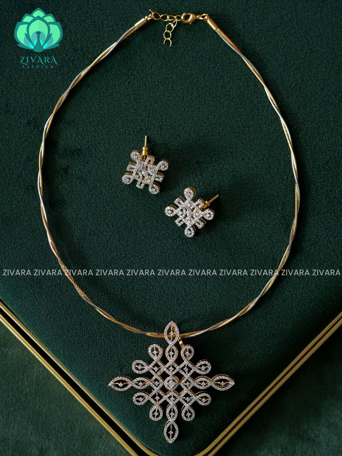 KOLAM PREMIUM HASLI  - Traditional PREMIUM rhodium polish neckwear With earrings- Zivara Fashion