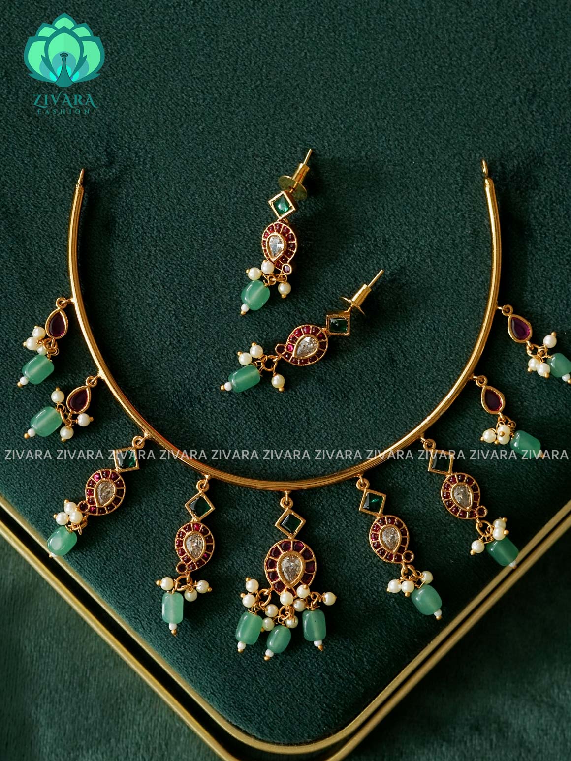 GREEN BEADS MANGA HASLI NECK WEAR WITH EARRINGS   - Premium quality neckwear collection-south indian jewellery