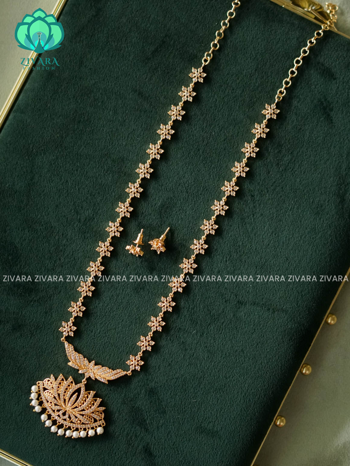 AMBIGAI - WHITE STONE LOTUS MOTIF MICRO POLISH MIDCHEST with premium gold polish -Traditional south indian premium neckwear with earrings- Zivara Fashion- latest jewellery design