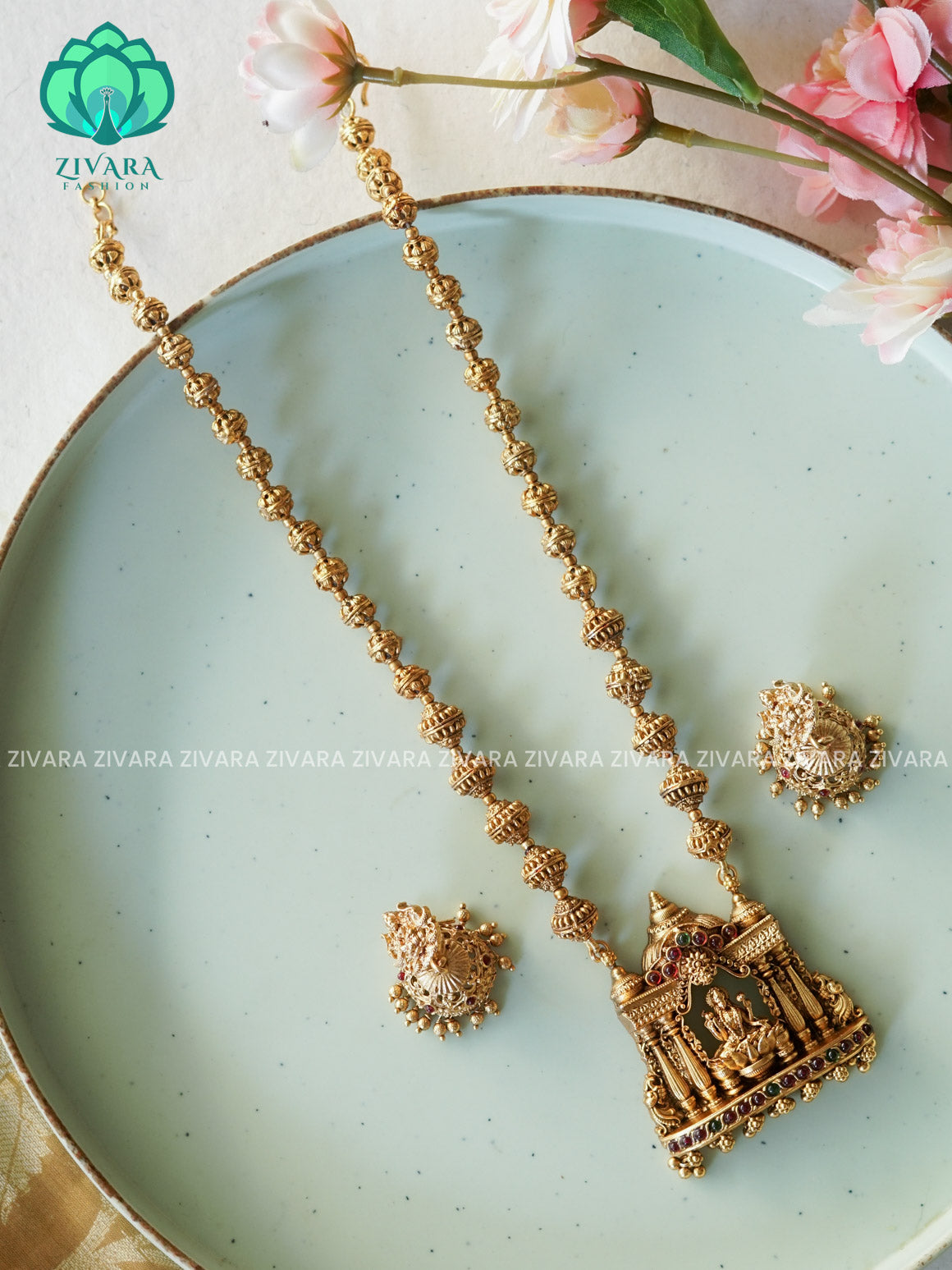 VISHALI GOLD BALL AND TEMPLE PENDANT BALL CHAIN - Traditional NORMAL MATTE polish MIDCHEST haaram/neckwear with earrings- Zivara Fashion