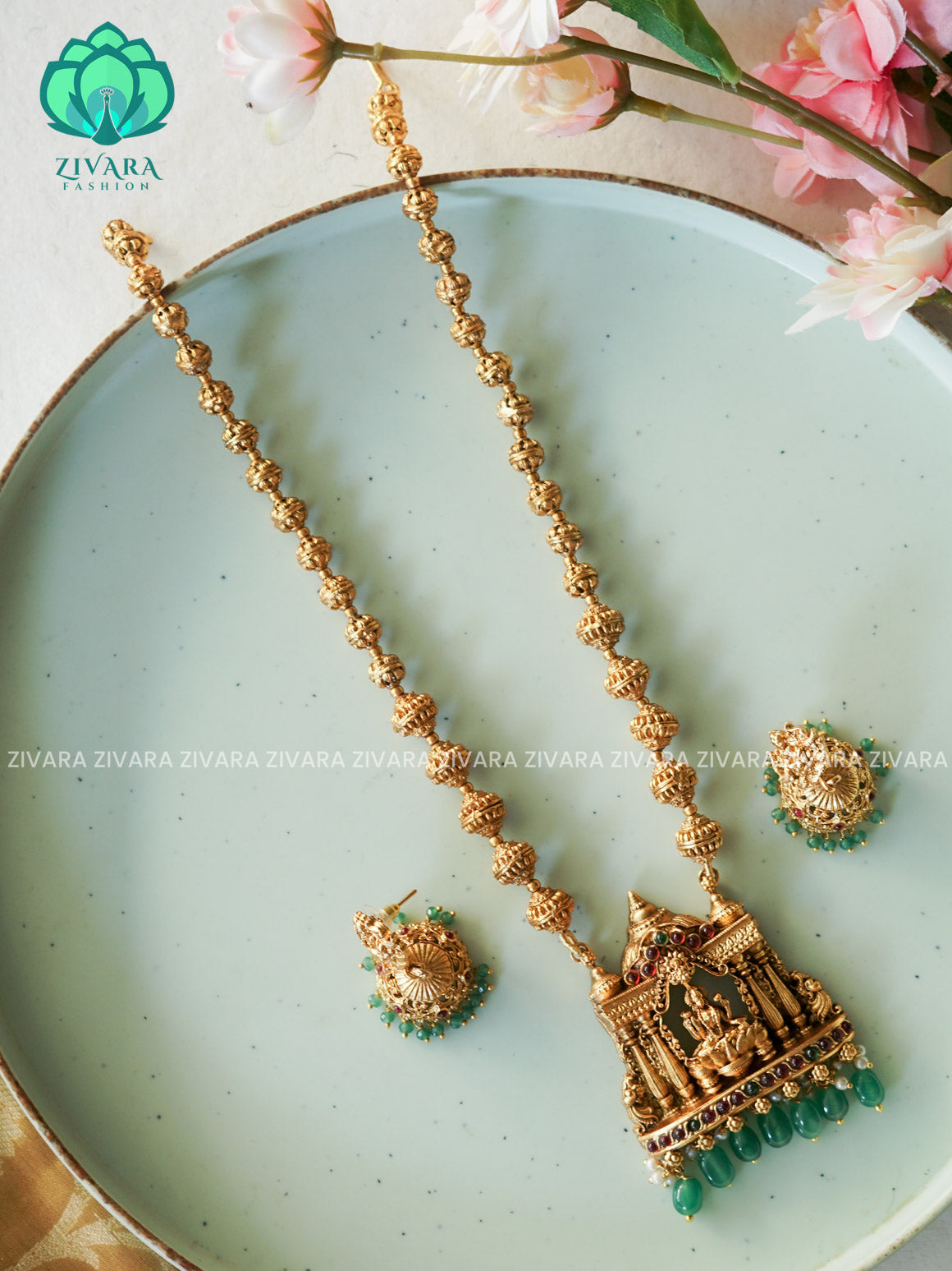 VISHALI GREEN BEADS AND TEMPLE PENDANT BALL CHAIN - Traditional NORMAL MATTE polish MIDCHEST haaram/neckwear with earrings- Zivara Fashion