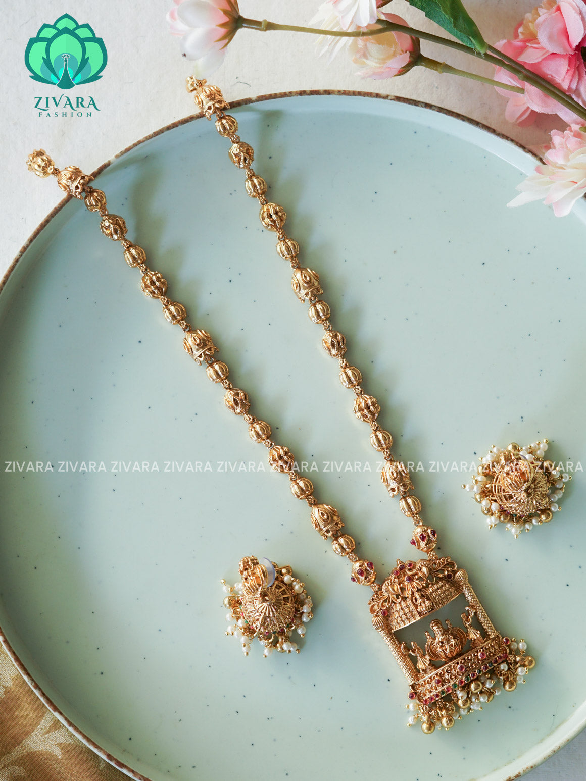 Temple - TRADITIONAL NORMAL MATTE MIDCHEST haaram/neckwear with earrings- Zivara Fashion