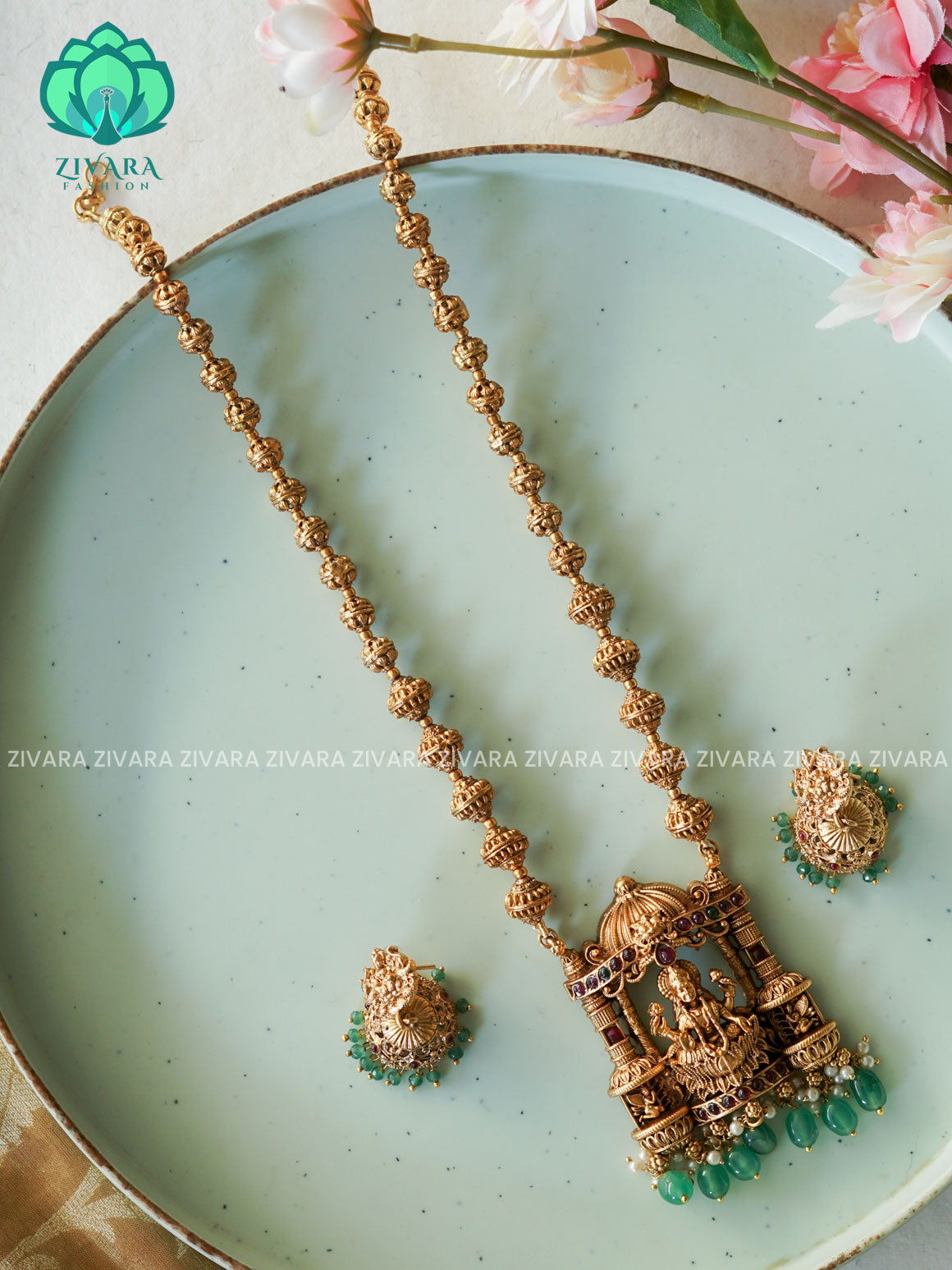 VISHALI GREEN BEADS AND TEMPLE PENDANT BALL CHAIN - Traditional NORMAL MATTE polish MIDCHEST haaram/neckwear with earrings- Zivara Fashion