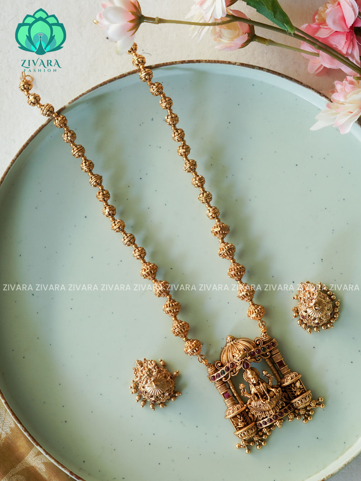 VISHALI GOLD BALL AND TEMPLE PENDANT BALL CHAIN - Traditional NORMAL MATTE polish MIDCHEST haaram/neckwear with earrings- Zivara Fashion