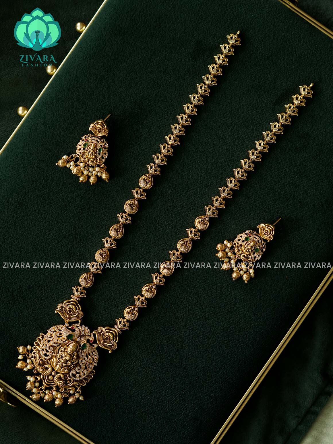 TEMPLE LAKSHMI STONE BRIDAL HAARAM  WITH HANGING - Traditional PREMIUM MATTE polish MIDCHEST haaram/neckwear with earrings- Zivara Fashion