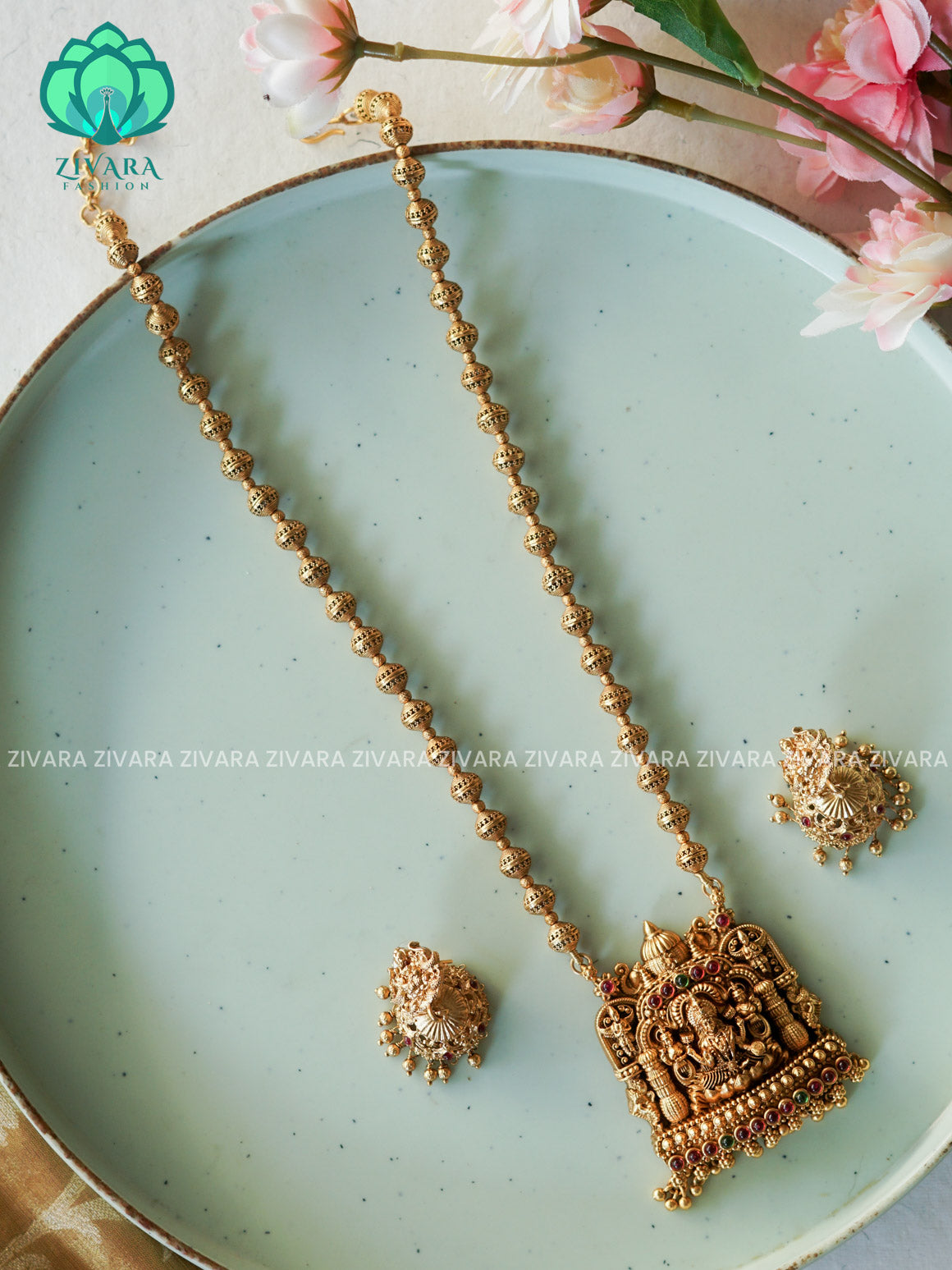 VISHALI GOLD BALL AND TEMPLE PENDANT BALL CHAIN - Traditional NORMAL MATTE polish MIDCHEST haaram/neckwear with earrings- Zivara Fashion