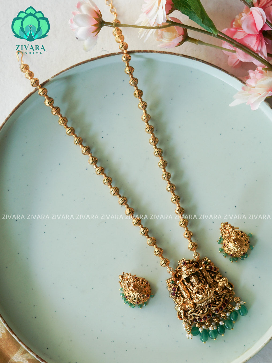 VISHALI GREEN BEADS AND TEMPLE PENDANT BALL CHAIN - Traditional NORMAL MATTE polish MIDCHEST haaram/neckwear with earrings- Zivara Fashion