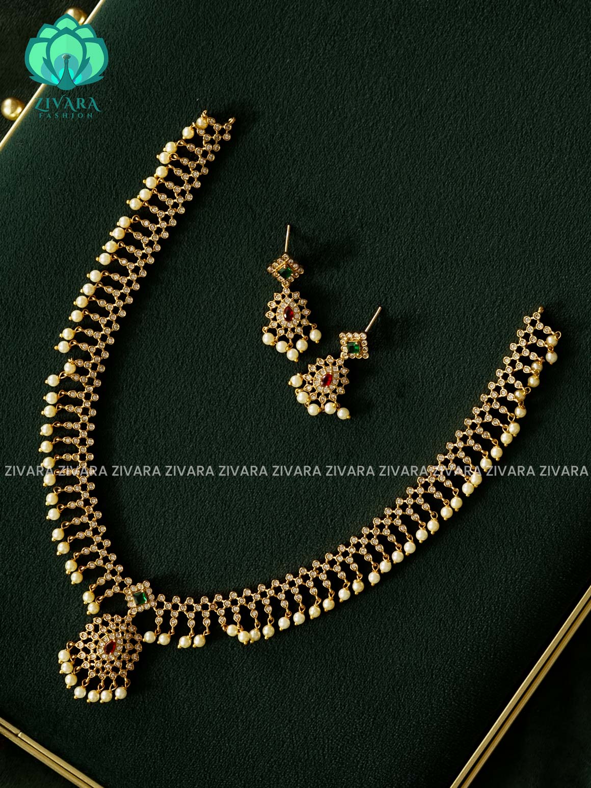 DESIGNER ELEGANT WHITE STONE HAARAM - Traditional PREMIUM MATTE polish MIDCHEST haaram/neckwear with earrings- Zivara Fashion