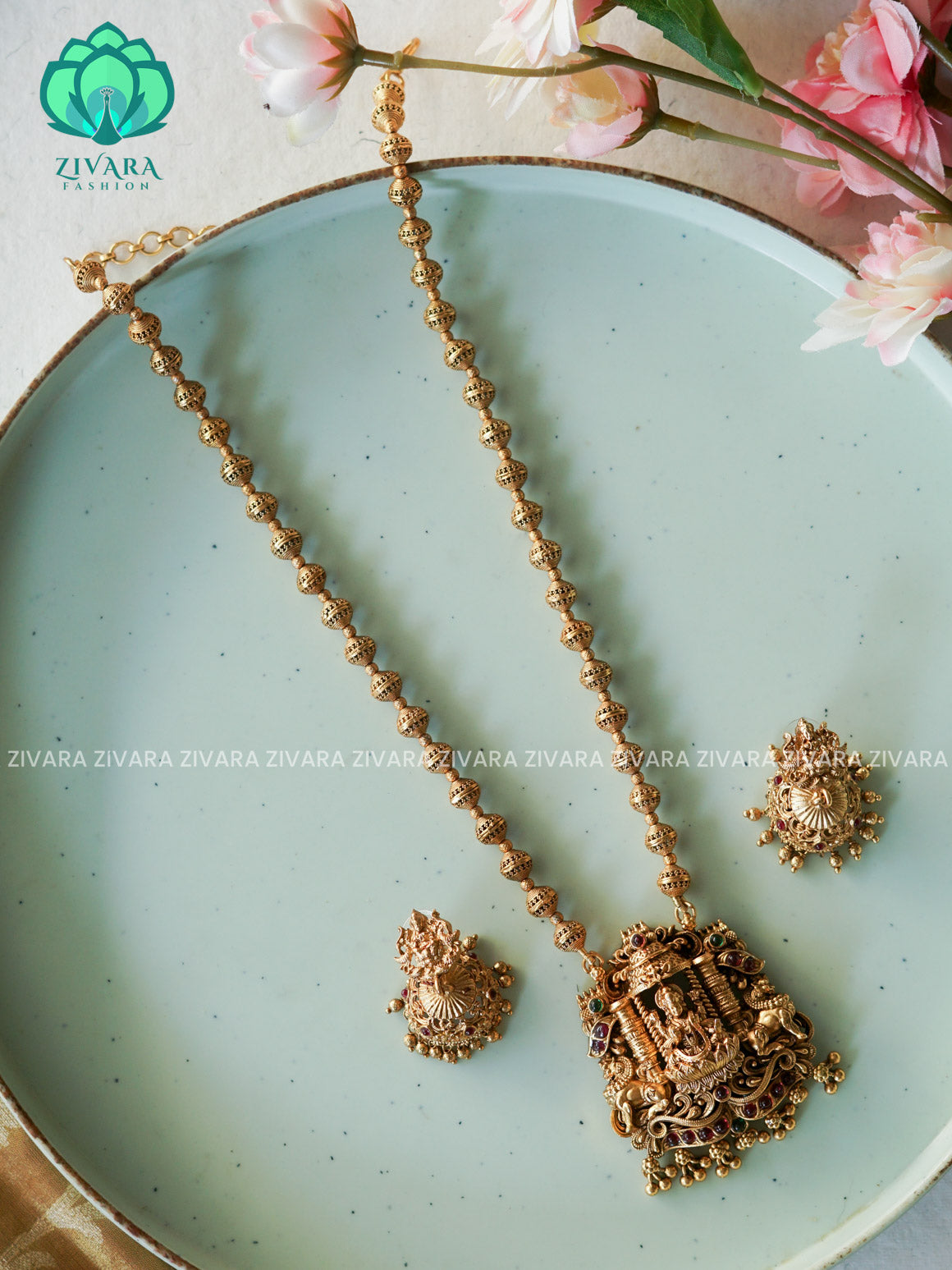 VISHALI GOLD BALL AND TEMPLE PENDANT BALL CHAIN - Traditional NORMAL MATTE polish MIDCHEST haaram/neckwear with earrings- Zivara Fashion