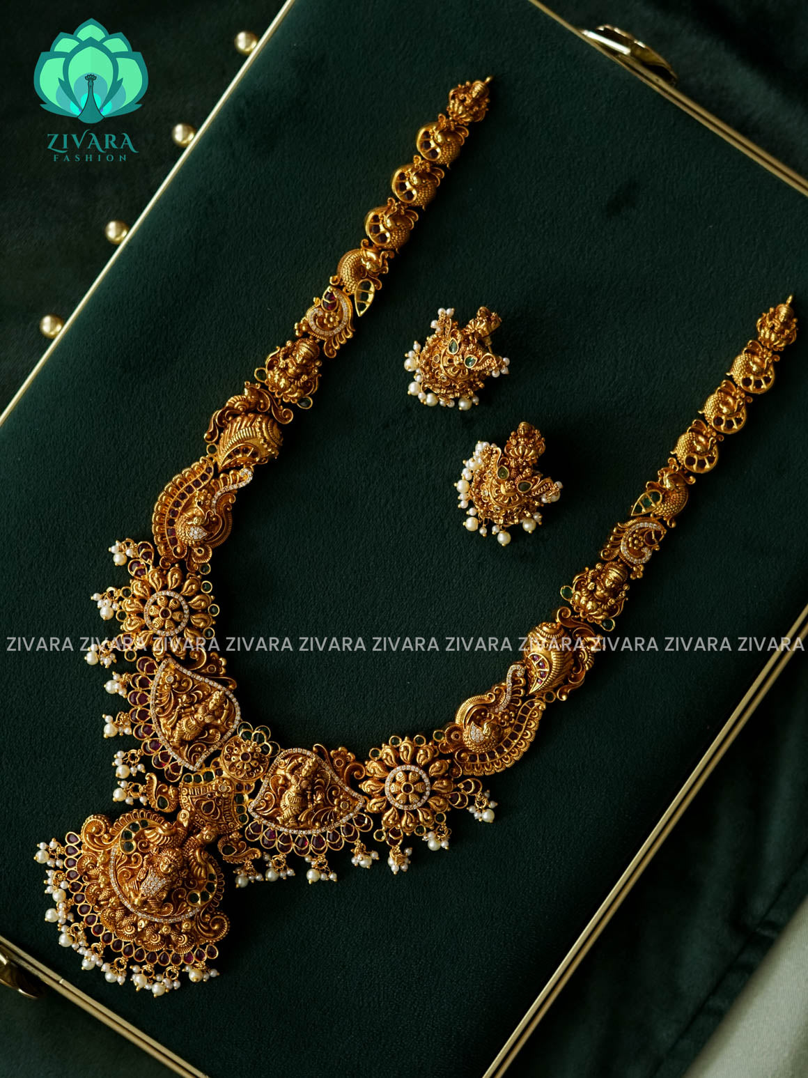 GRAND BRIDAL LAKSHMI WITH PEACOCK HAARAM - Traditional PREMIUM MATTE polish MIDCHEST haaram/neckwear with earrings- Zivara Fashion