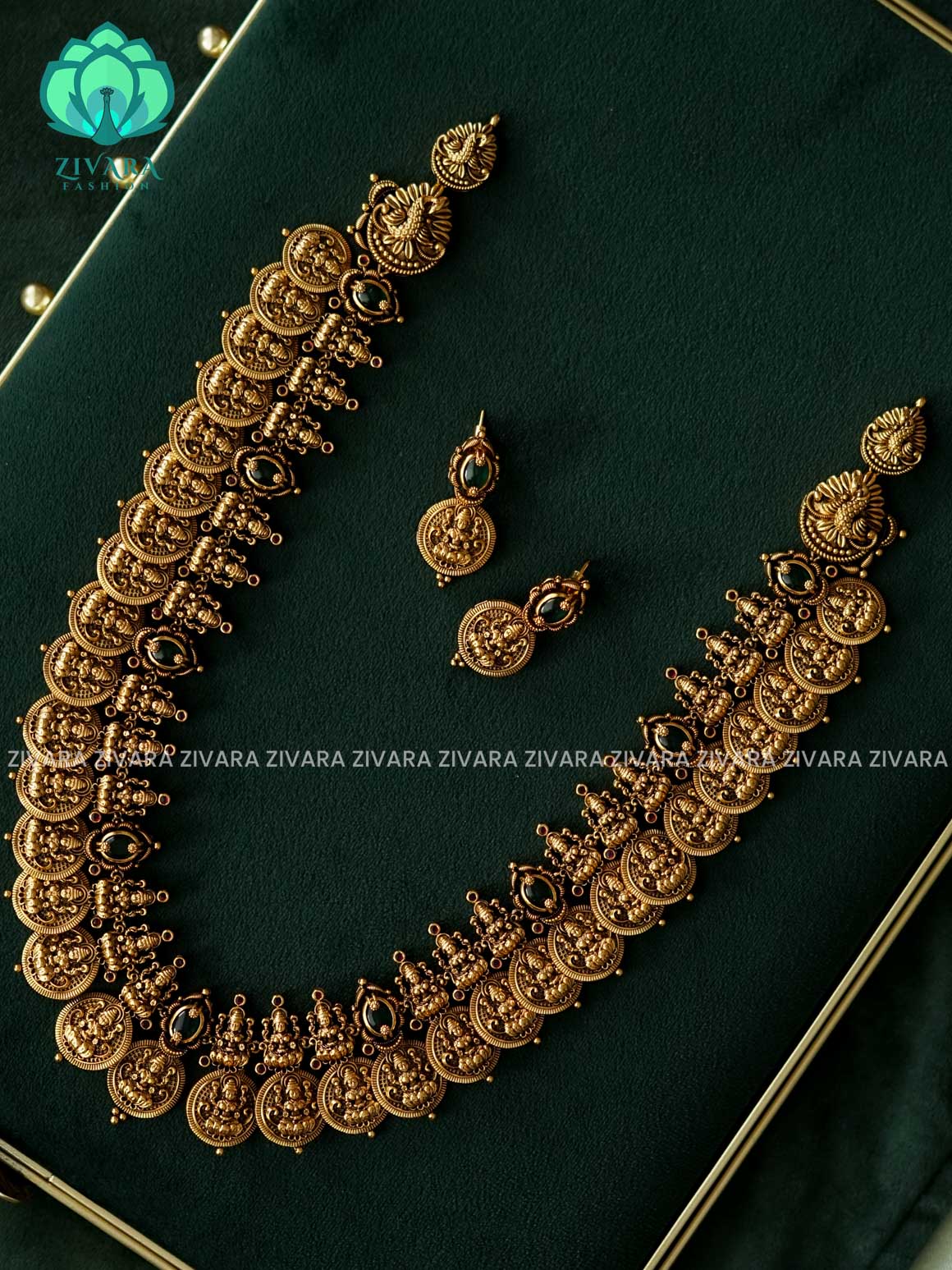 GRAND BRIDAL COIN LAKSHMI BUTTA HAARAM - Traditional PREMIUM MATTE polish MIDCHEST haaram/neckwear with earrings- Zivara Fashion